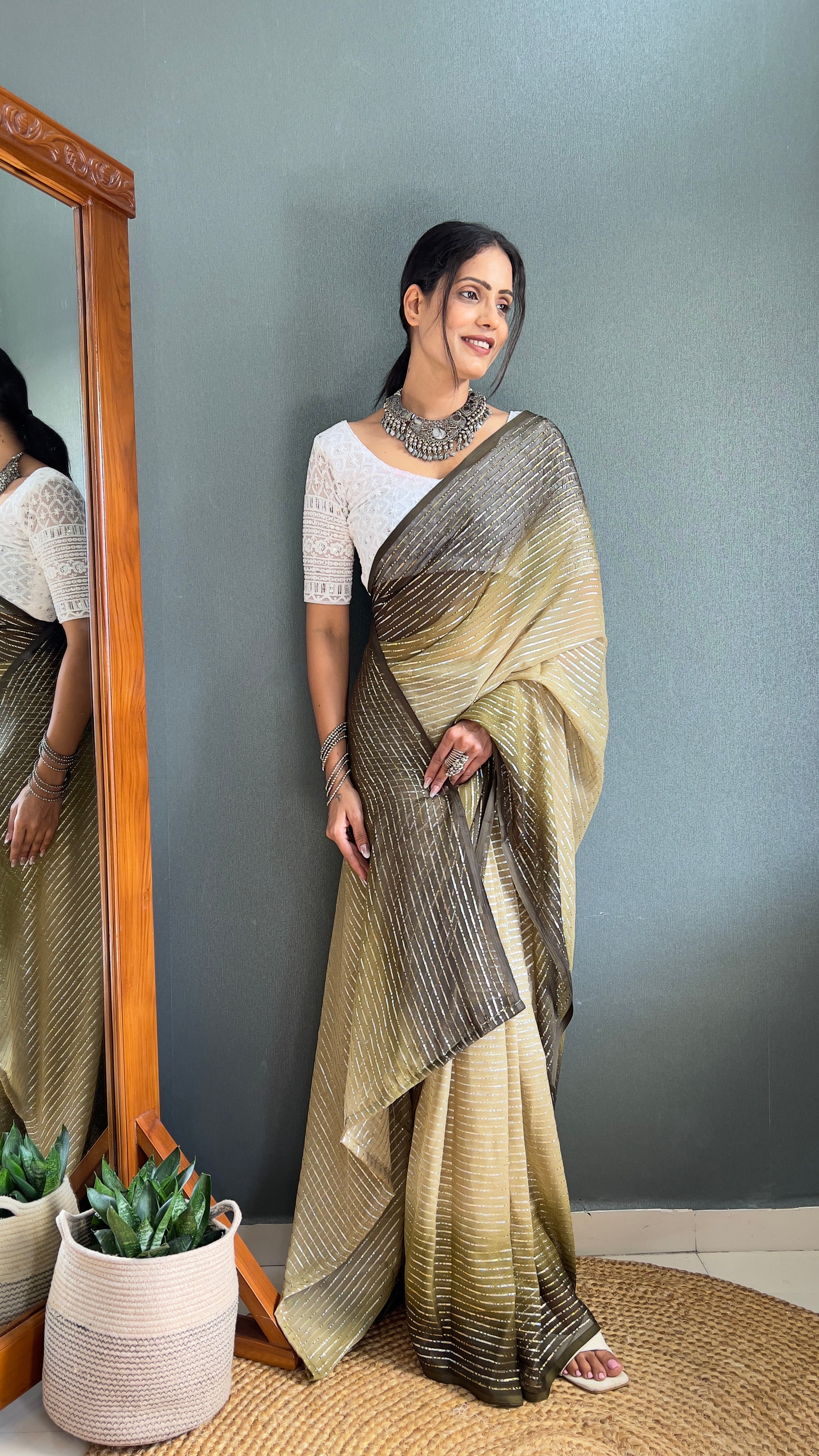Chiffon Saree With Zari Work Patta Ready To Wear Saree
