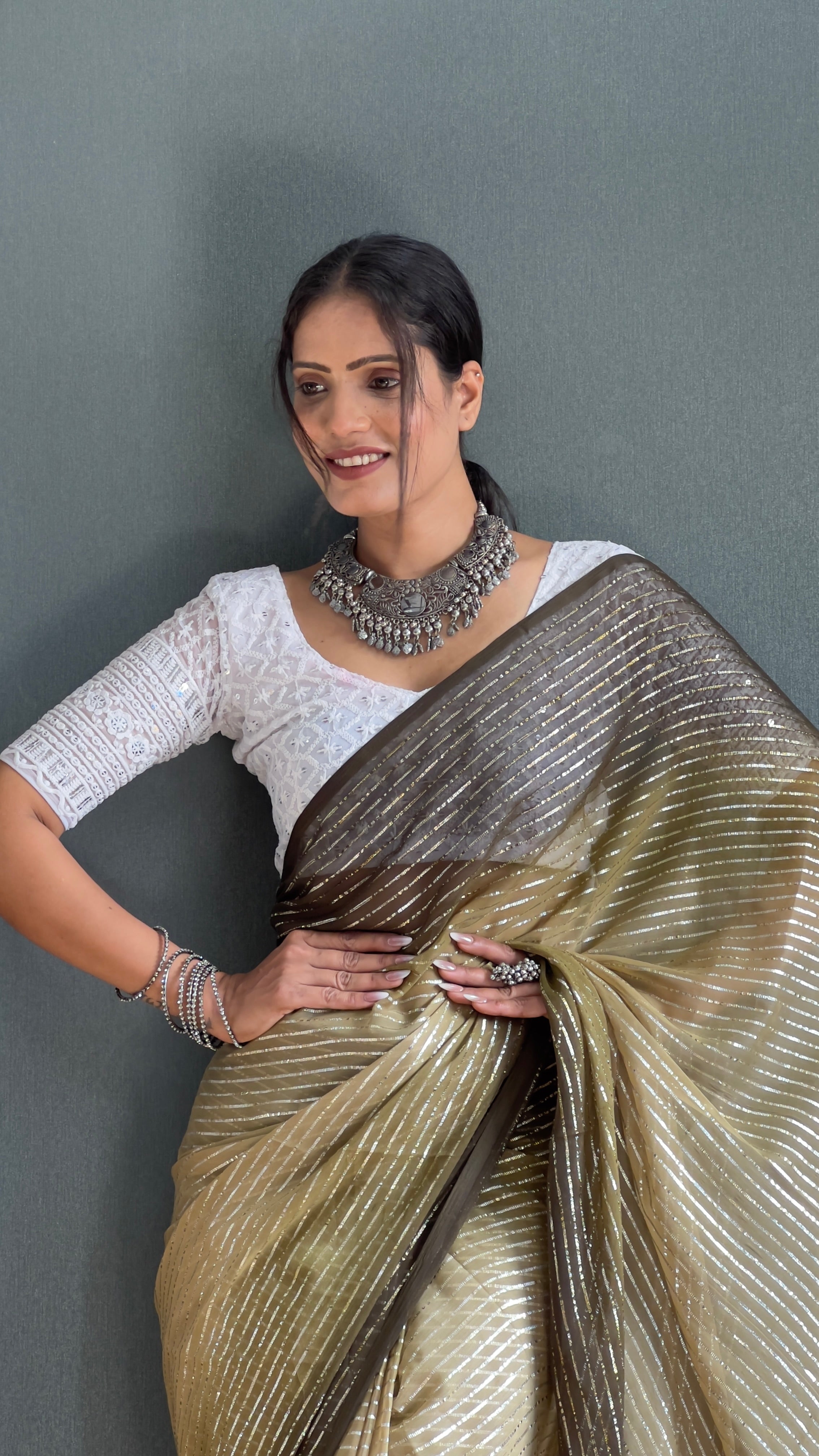 Chiffon Saree With Zari Work Patta Ready To Wear Saree