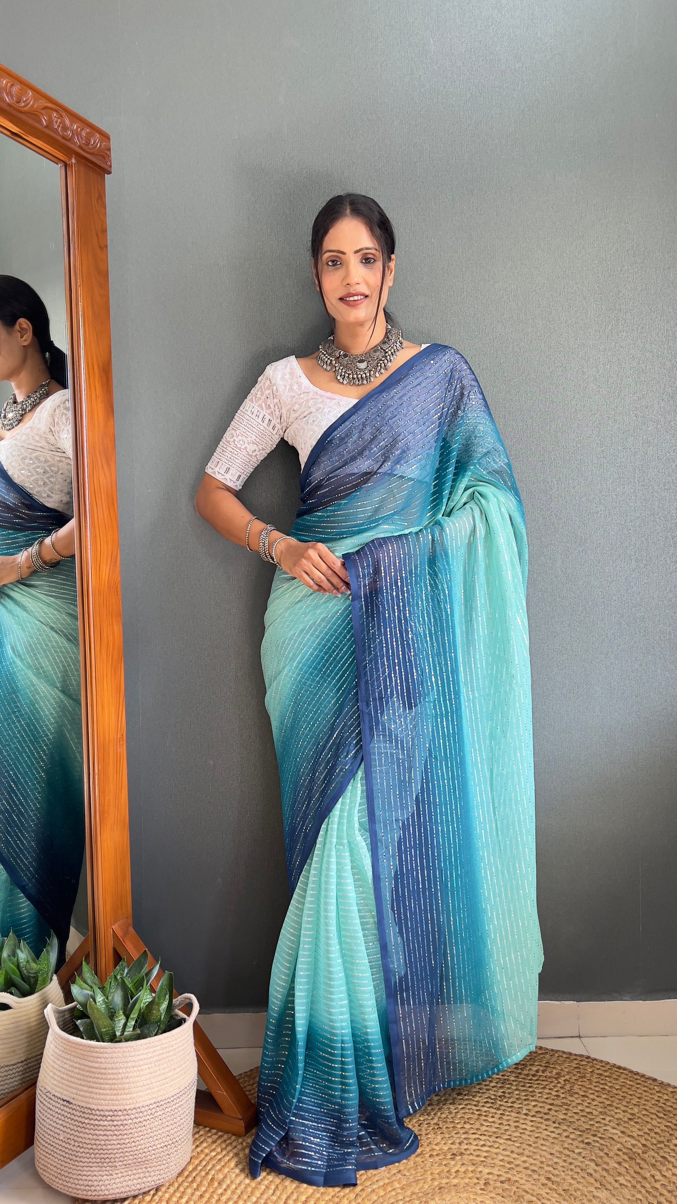 Chiffon Saree With Zari Work Patta Ready To Wear Saree