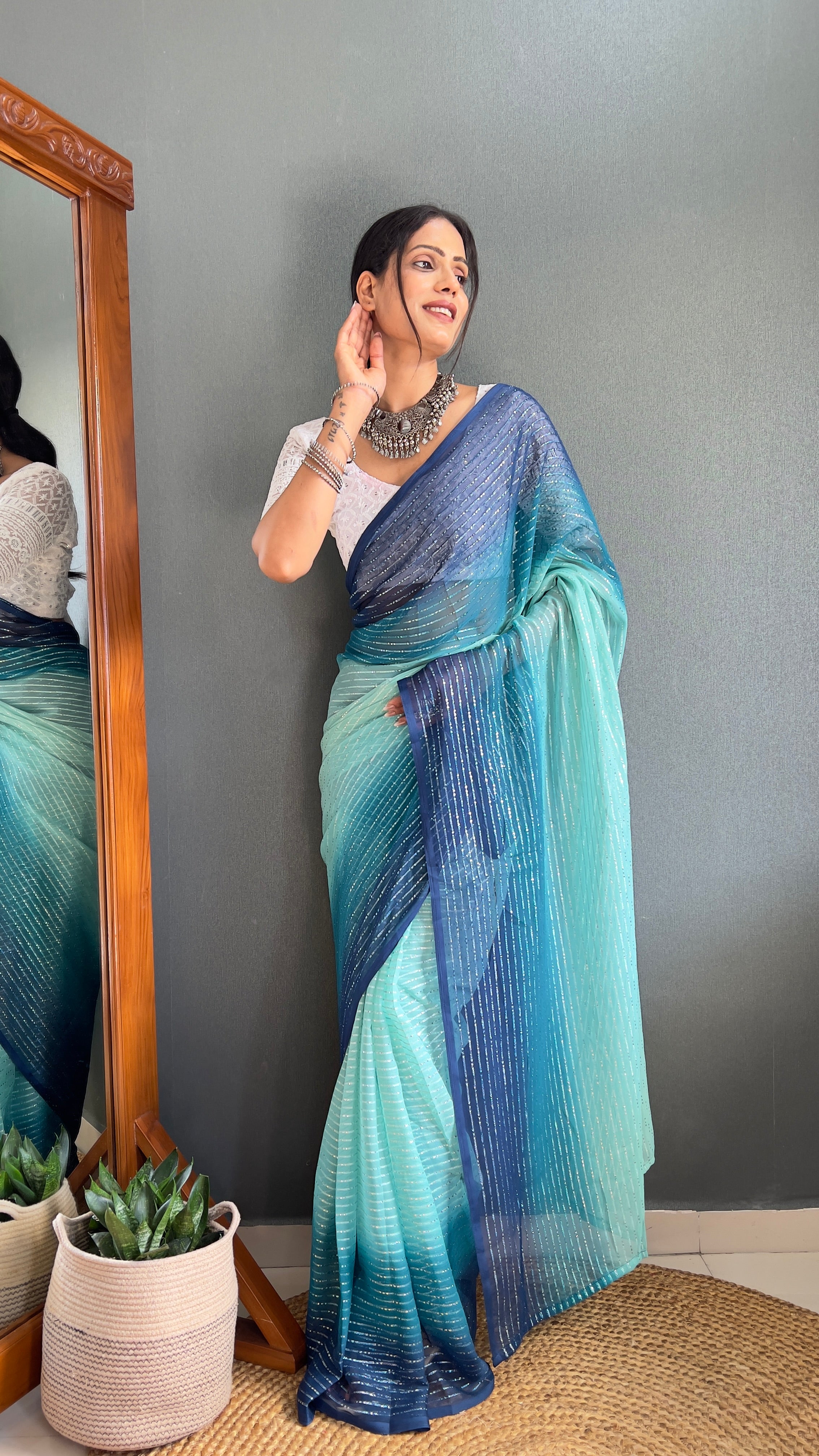 Chiffon Saree With Zari Work Patta Ready To Wear Saree