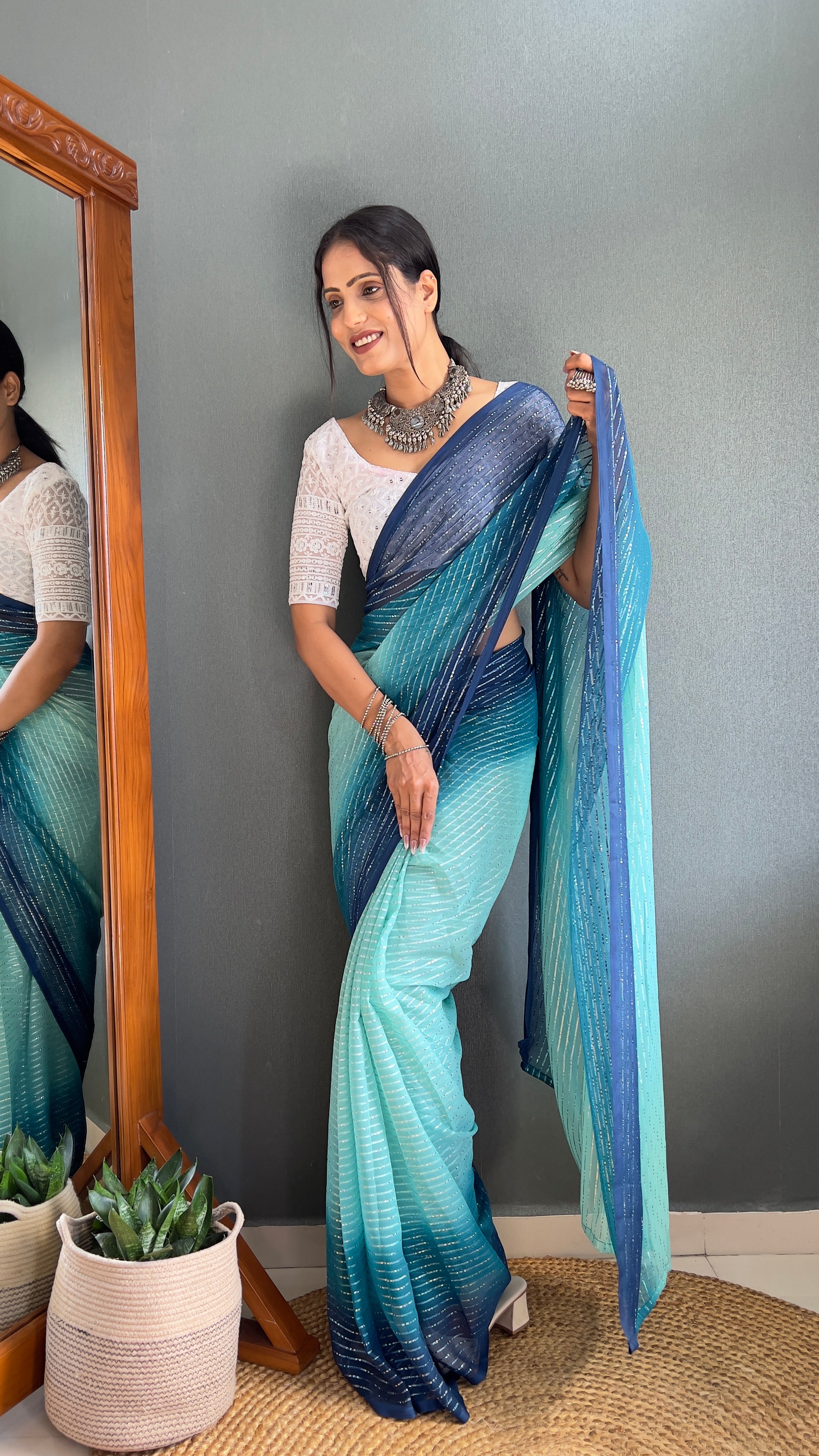 Chiffon Saree With Zari Work Patta Ready To Wear Saree