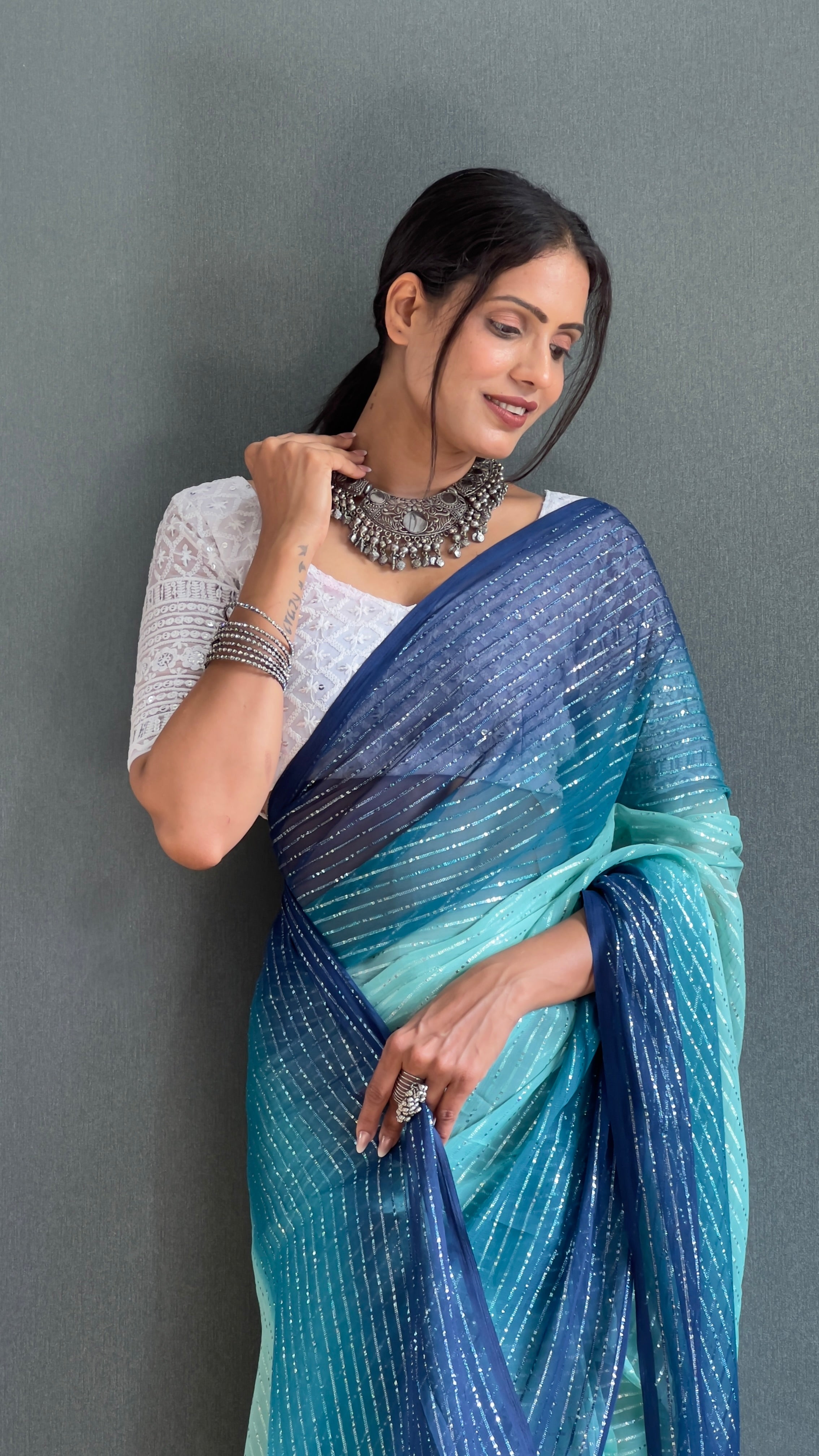 Chiffon Saree With Zari Work Patta Ready To Wear Saree