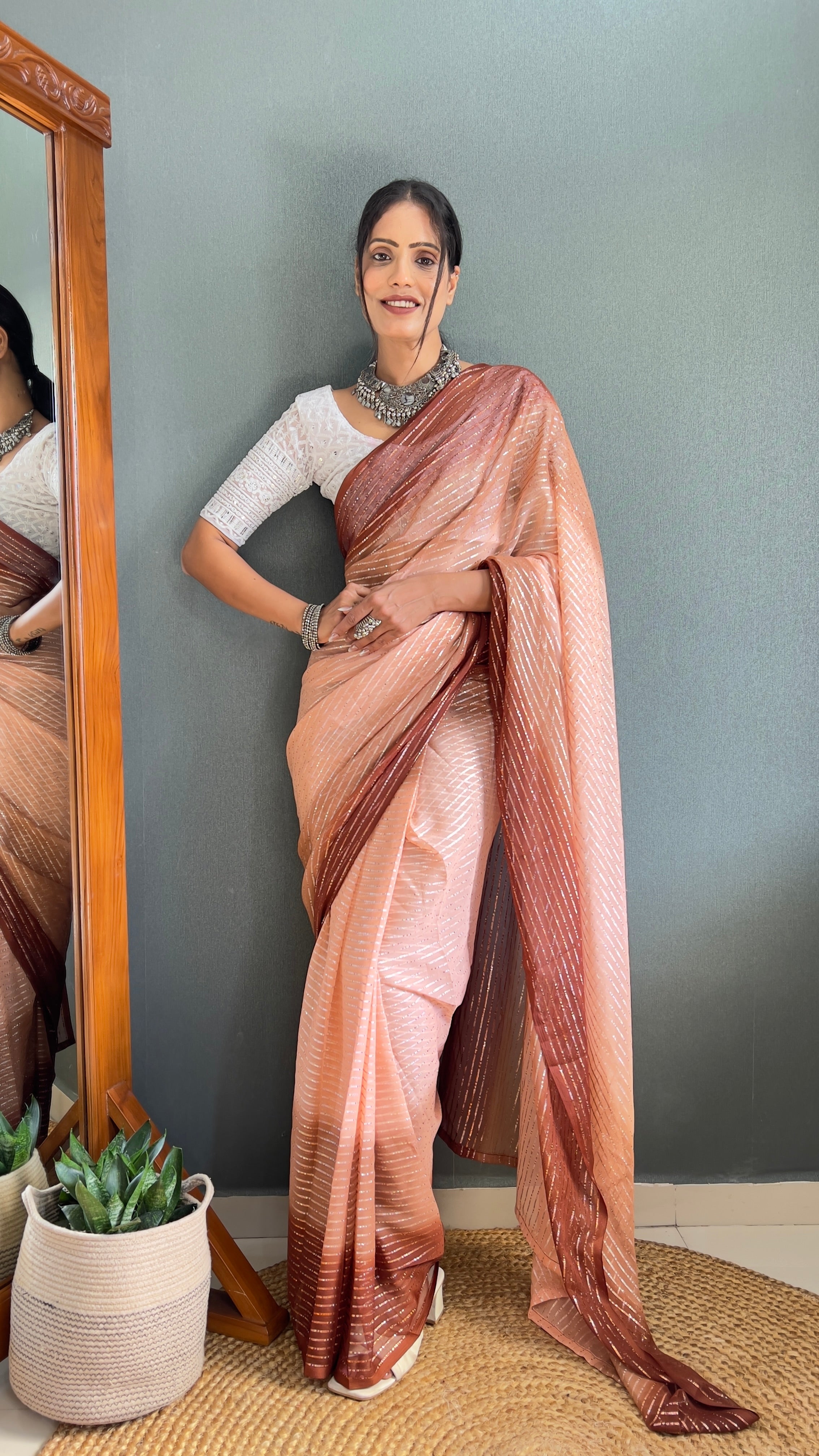 Chiffon Saree With Zari Work Patta Ready To Wear Saree