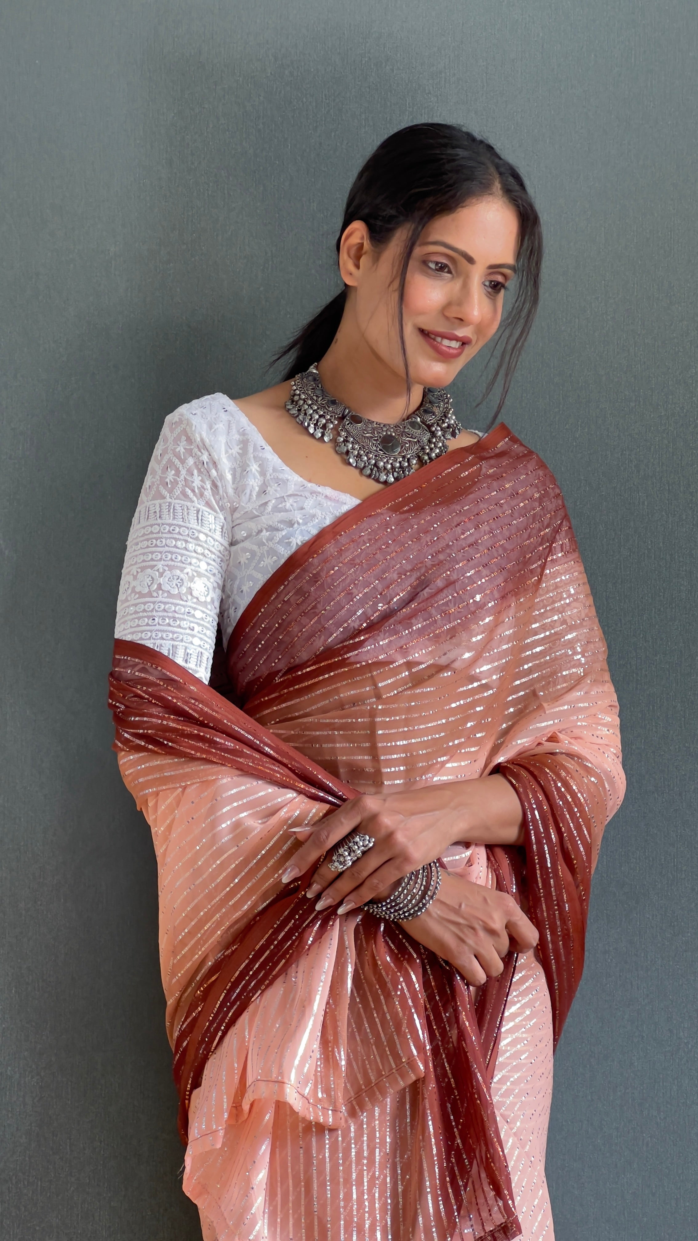 Chiffon Saree With Zari Work Patta Ready To Wear Saree