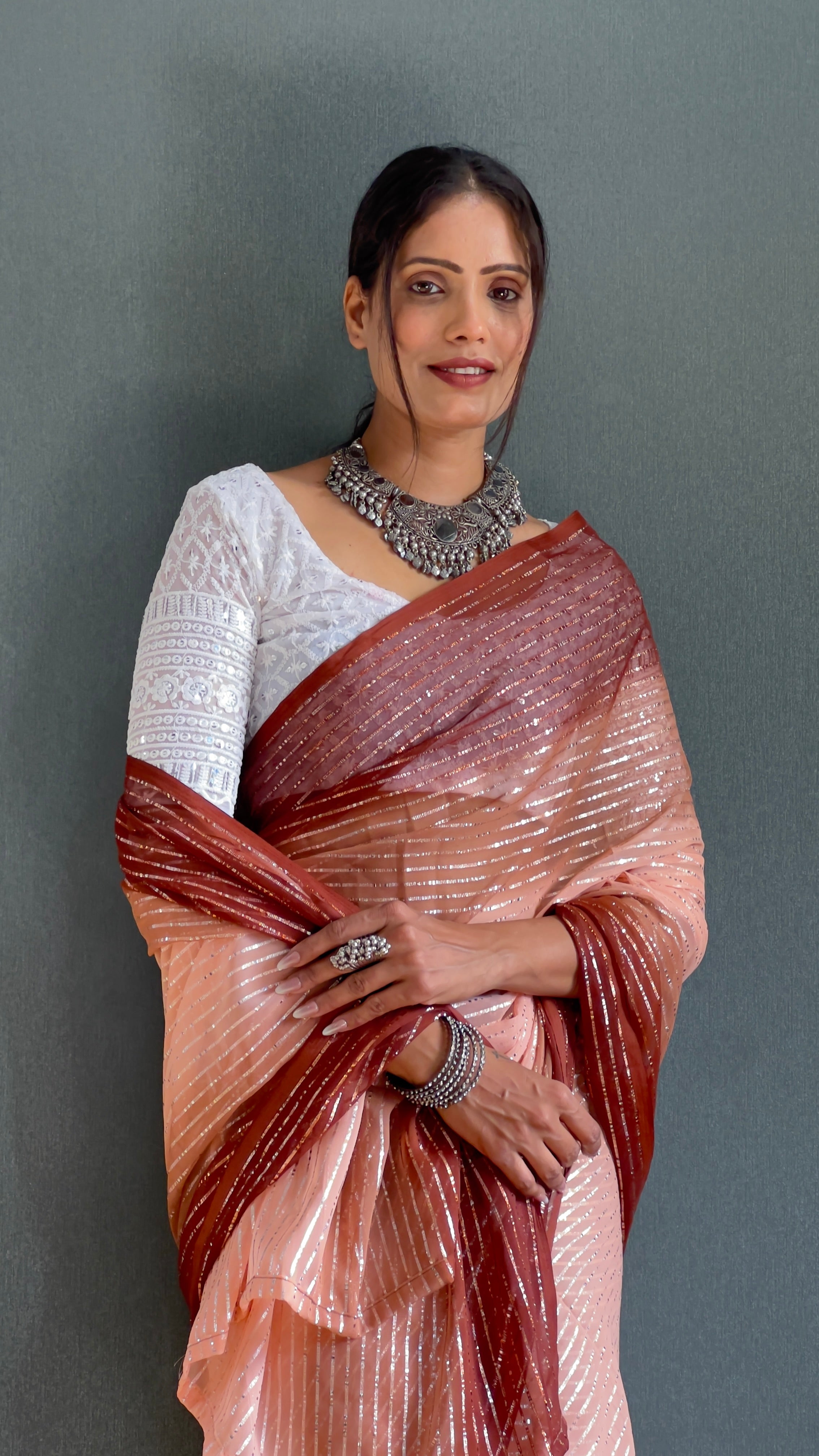 Chiffon Saree With Zari Work Patta Ready To Wear Saree
