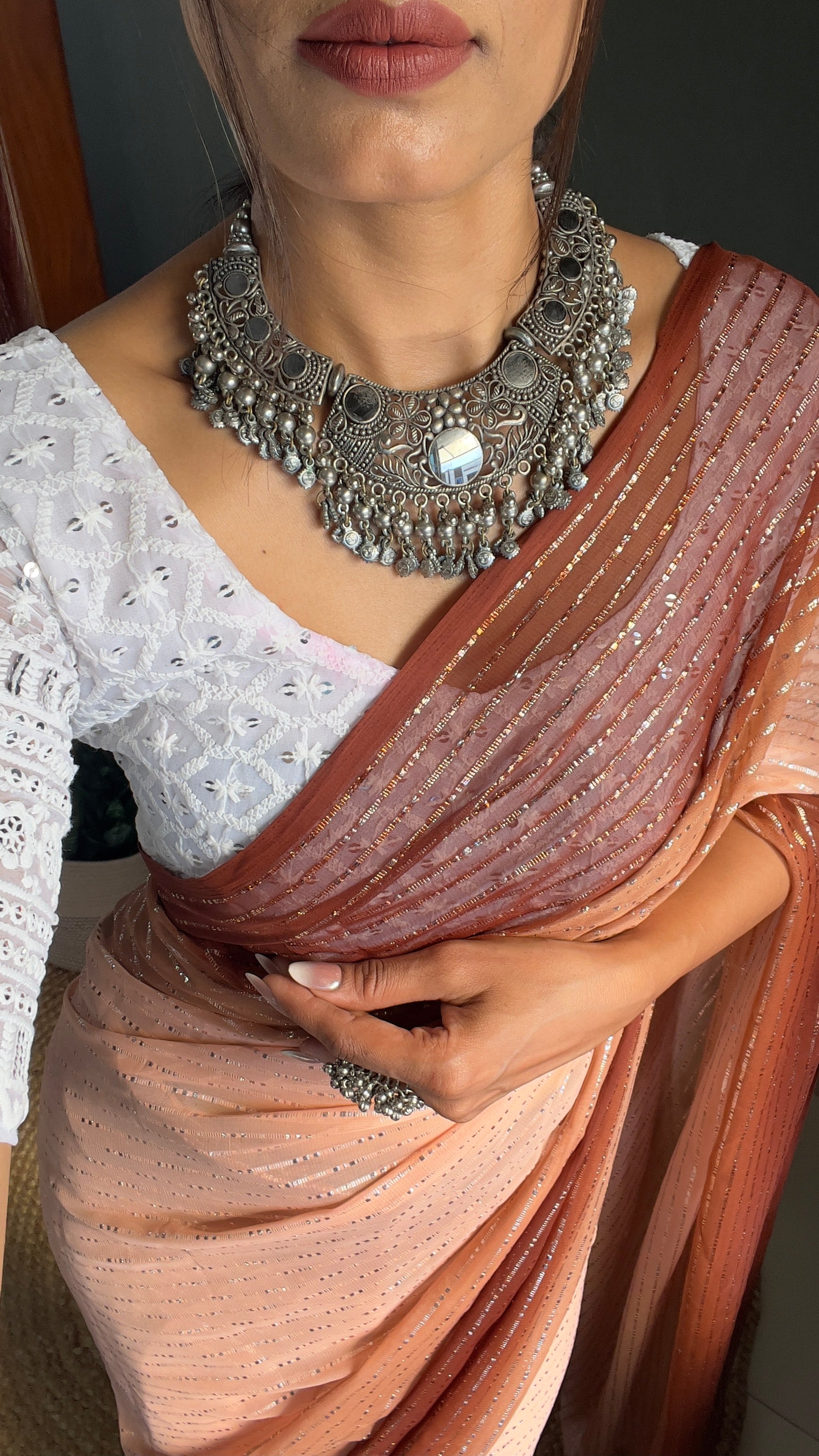 Chiffon Saree With Zari Work Patta Ready To Wear Saree