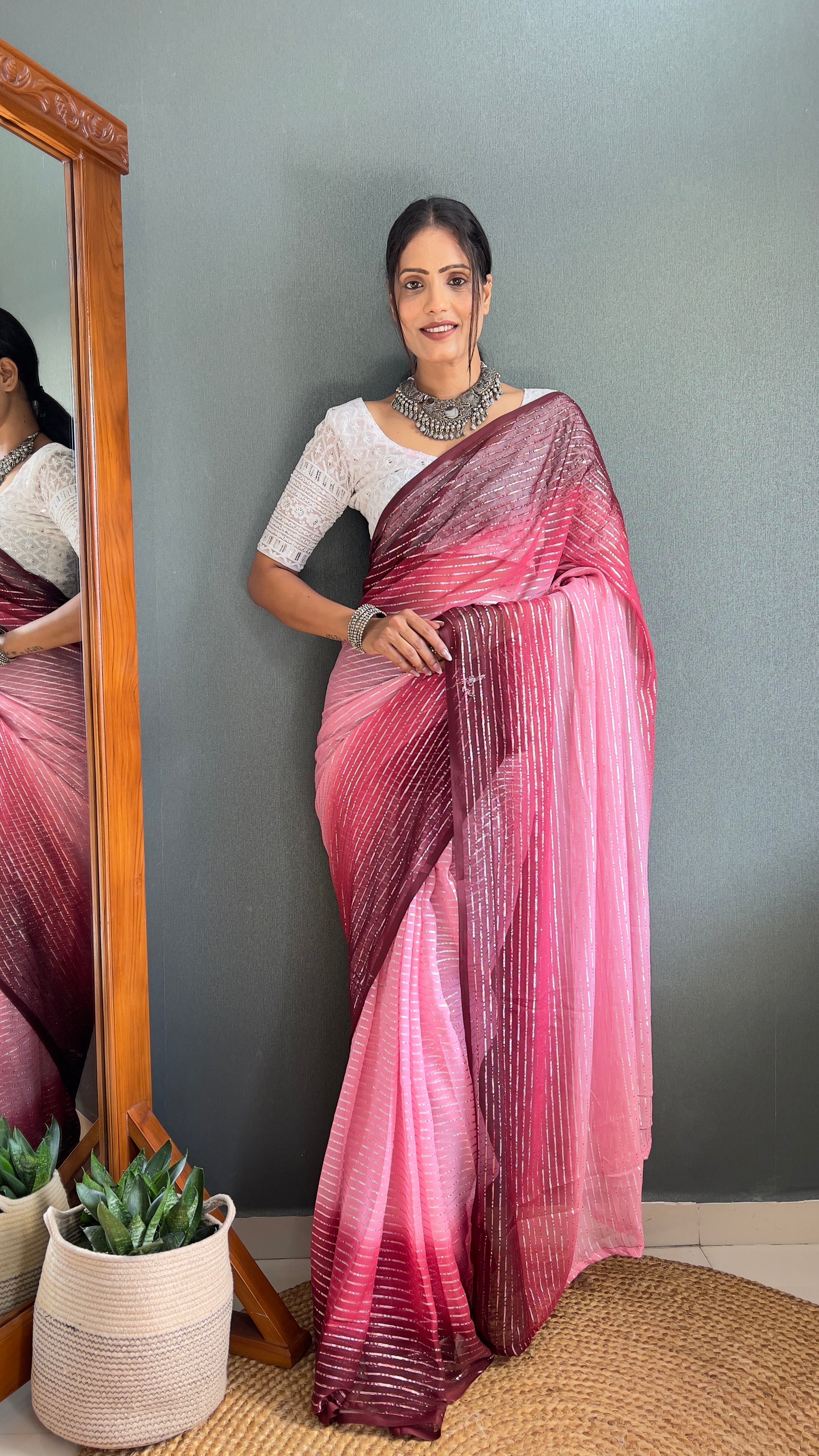 Chiffon Saree With Zari Work Patta Ready To Wear Saree