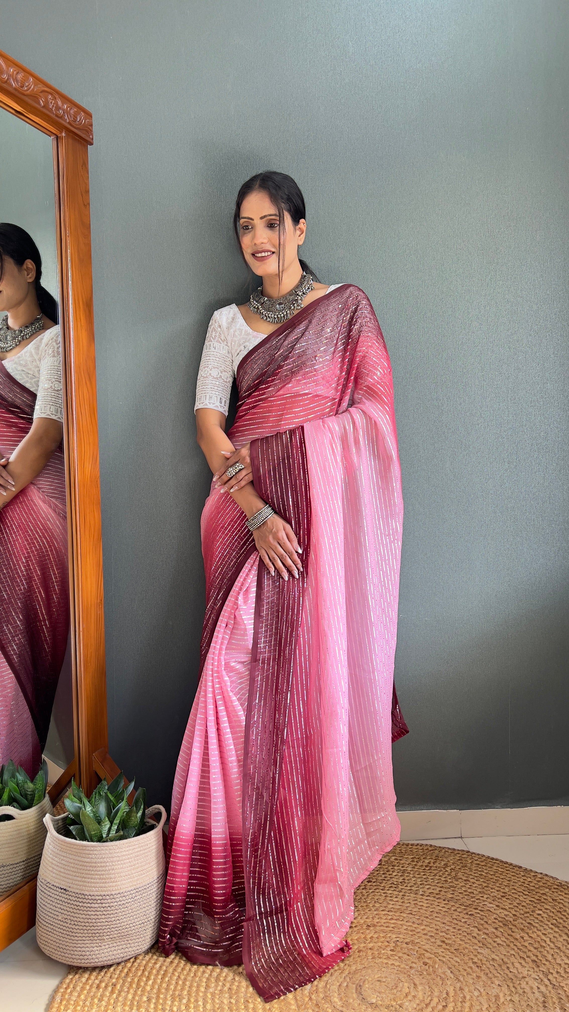 Chiffon Saree With Zari Work Patta Ready To Wear Saree