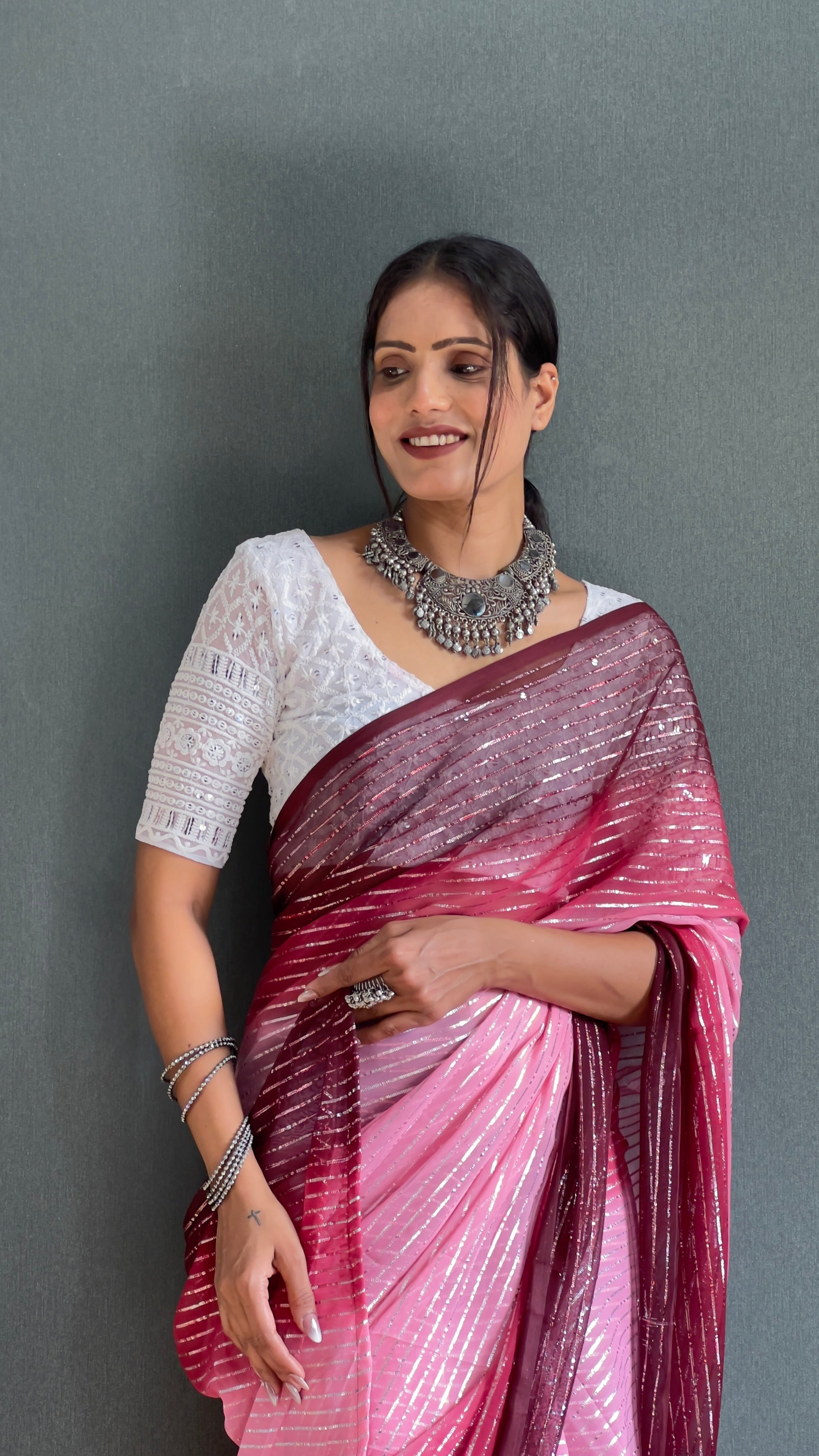 Chiffon Saree With Zari Work Patta Ready To Wear Saree