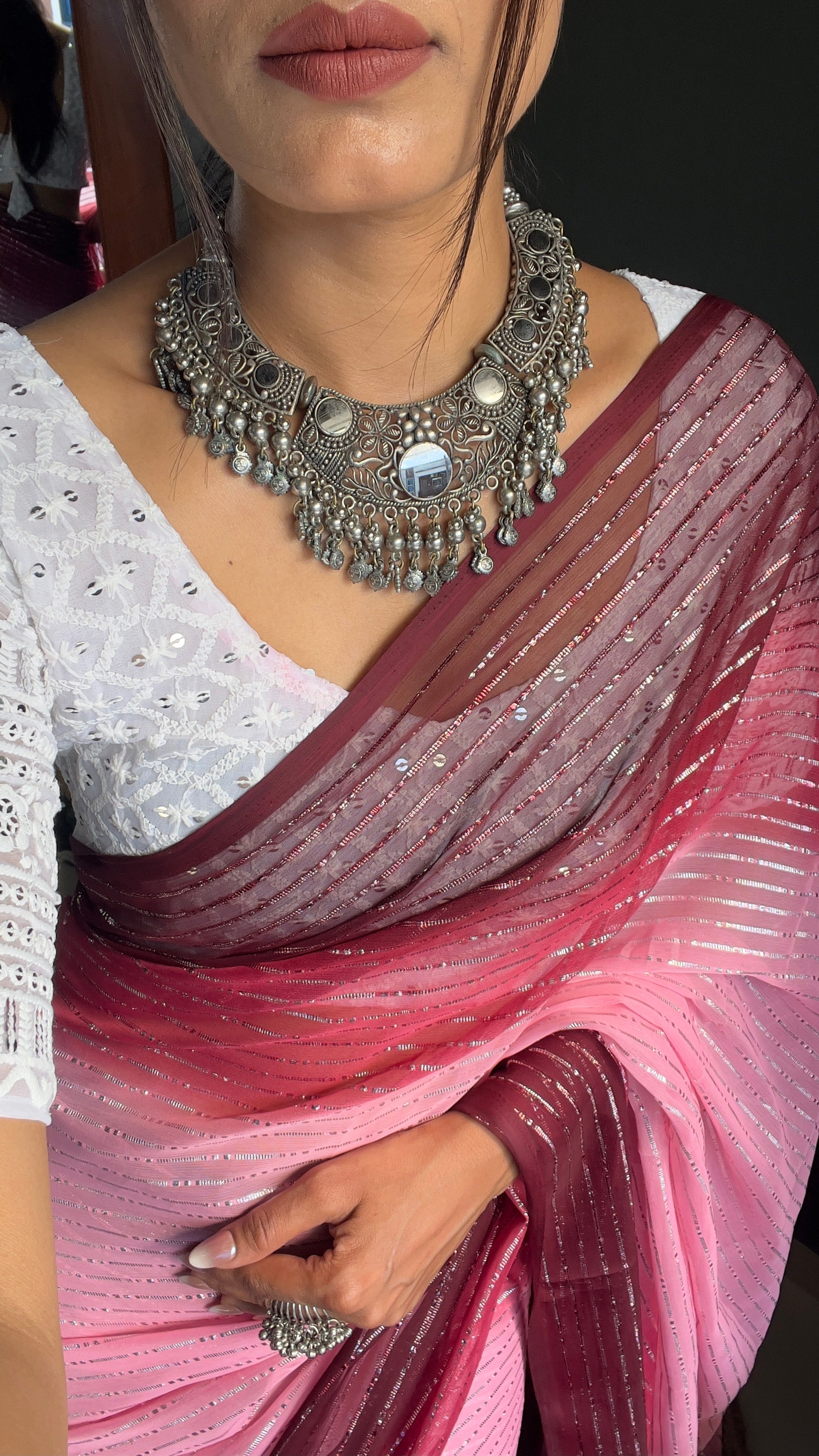Chiffon Saree With Zari Work Patta Ready To Wear Saree