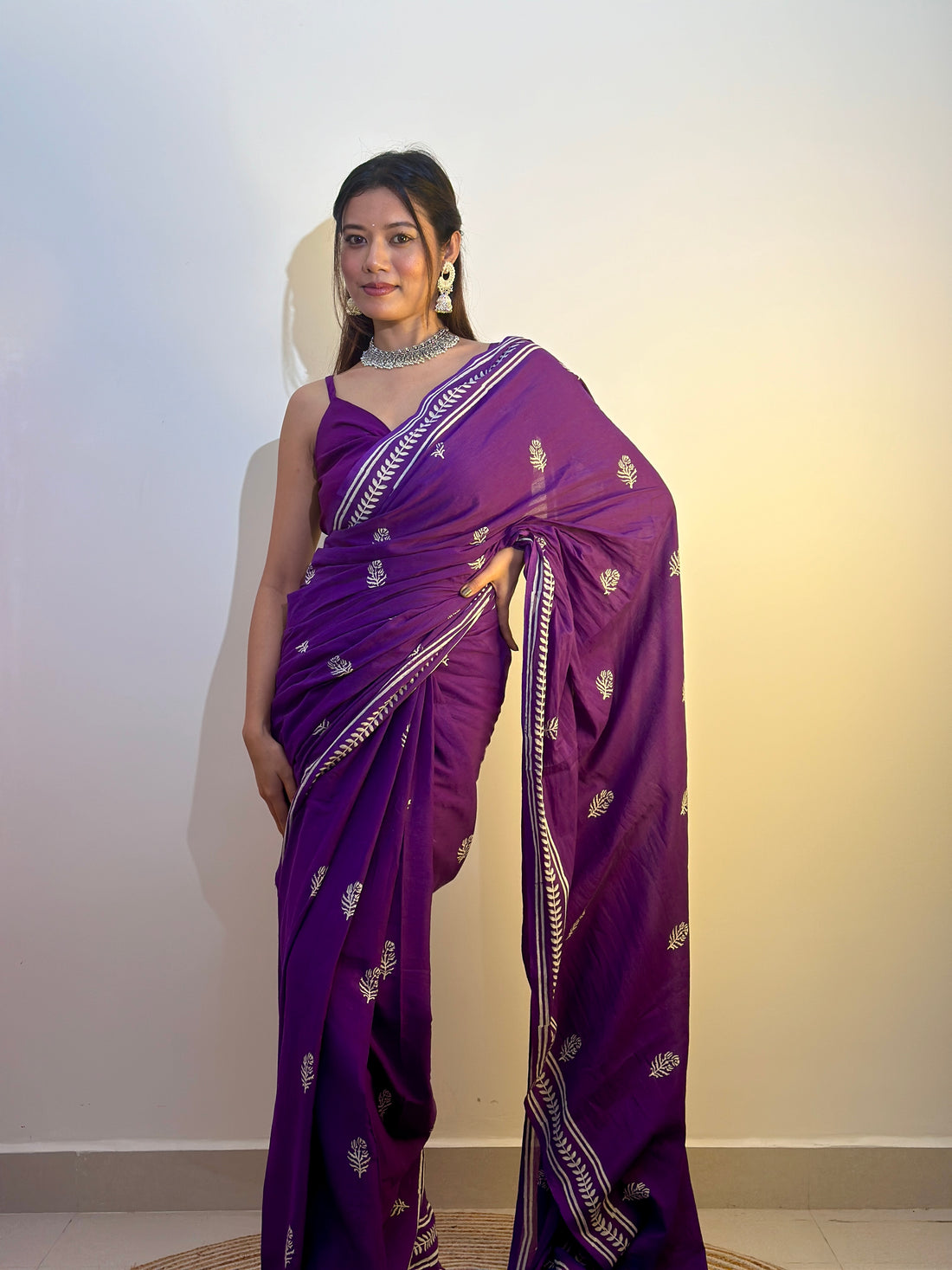 Purple Colour Mul Cotton Ready To Wear Saree With Pocket