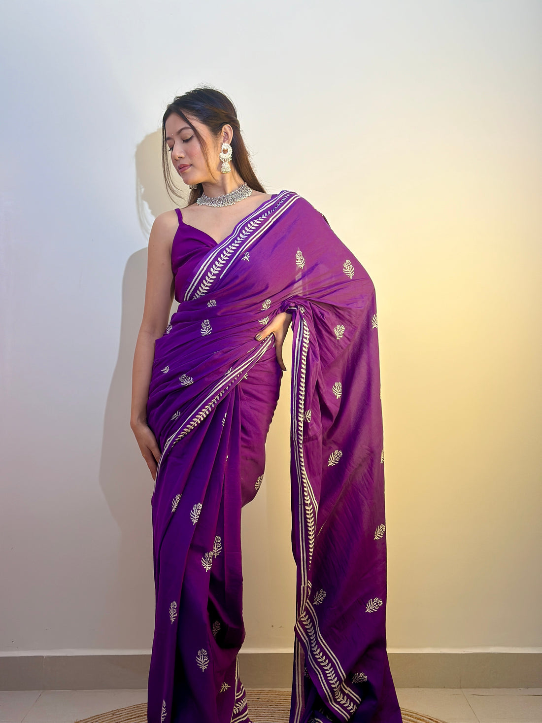 Purple Colour Mul Cotton Ready To Wear Saree With Pocket