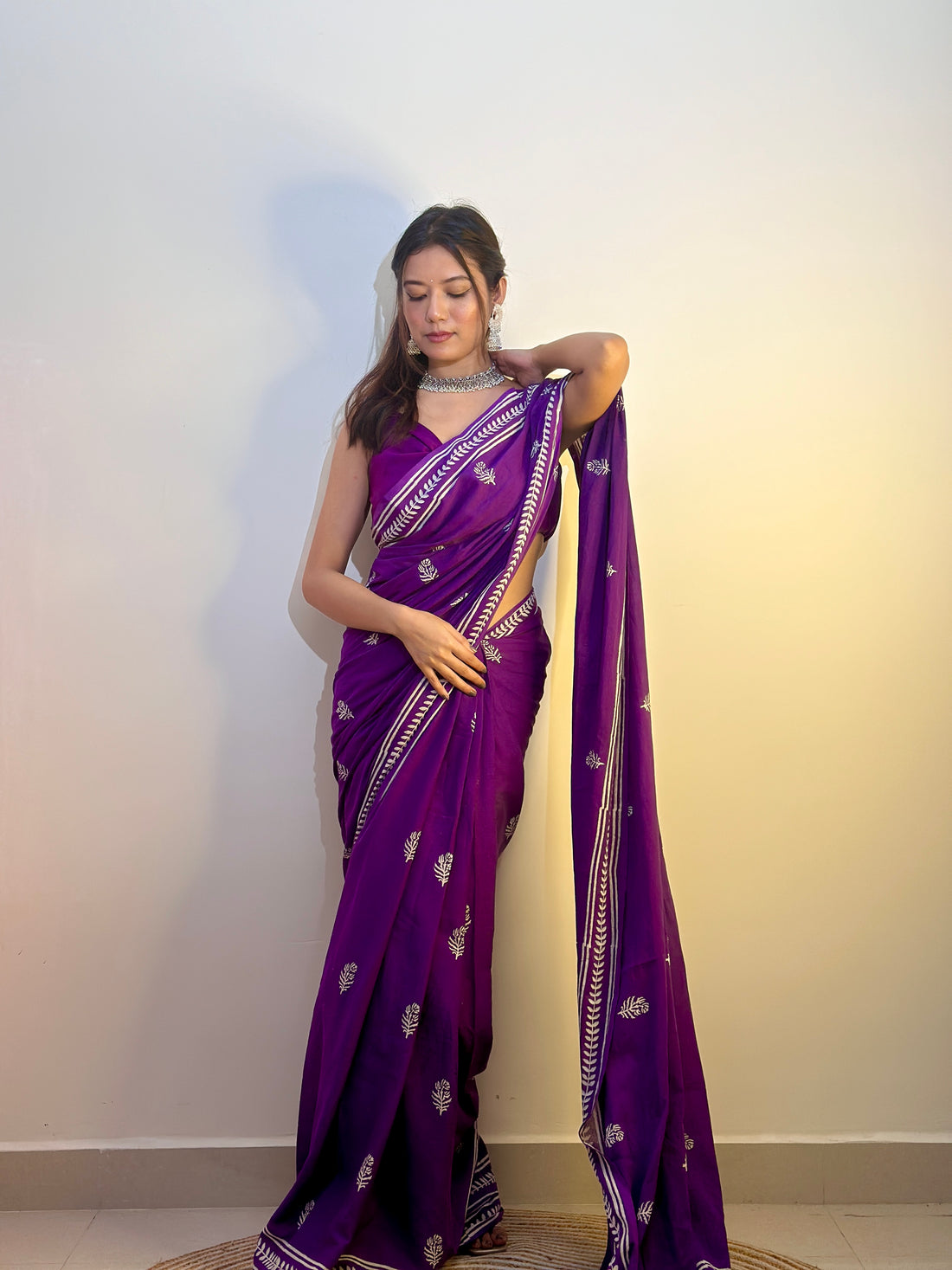 Purple Colour Mul Cotton Ready To Wear Saree With Pocket