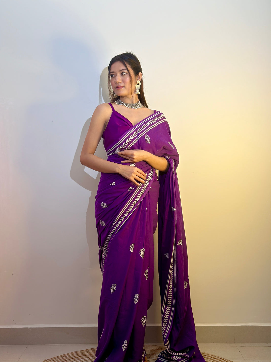 Purple Colour Mul Cotton Ready To Wear Saree With Pocket