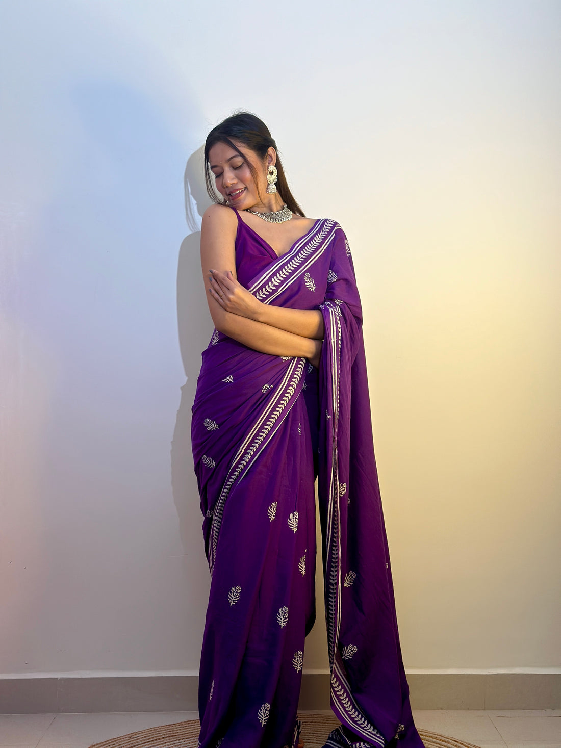 Purple Colour Mul Cotton Ready To Wear Saree With Pocket