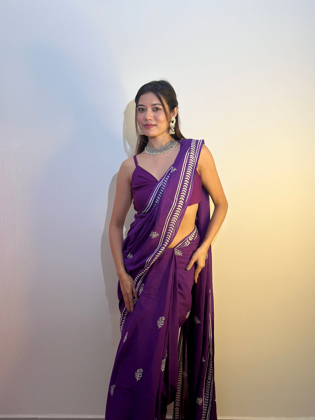 Purple Colour Mul Cotton Ready To Wear Saree With Pocket
