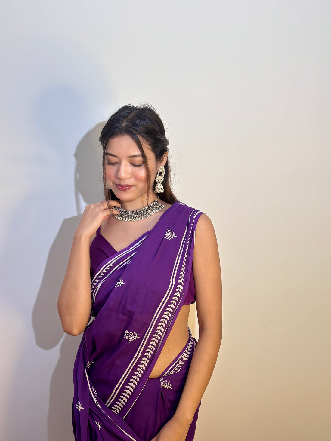Purple Colour Mul Cotton Ready To Wear Saree With Pocket