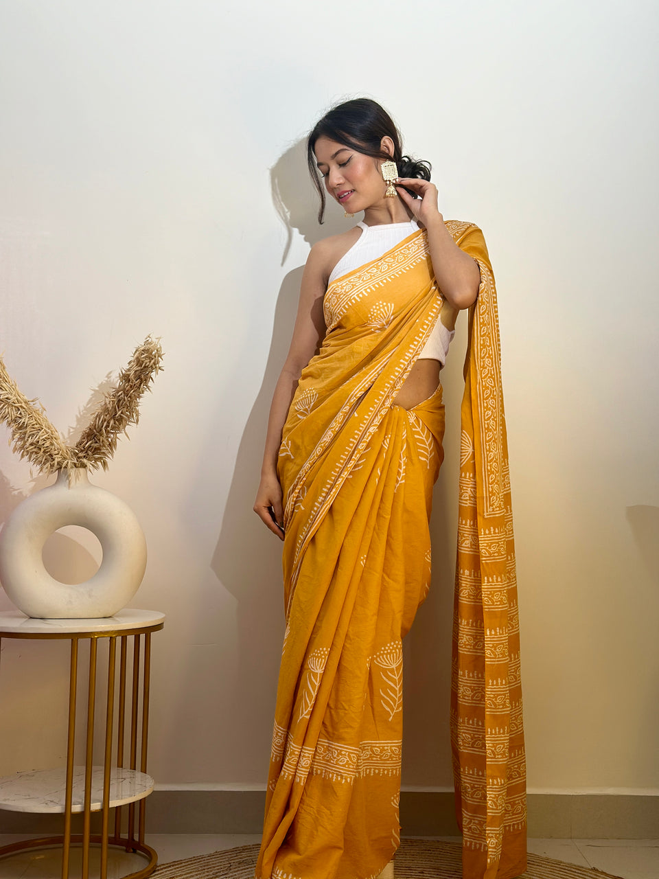Muatard Mul Cotton Ready To Wear Saree With Pocket