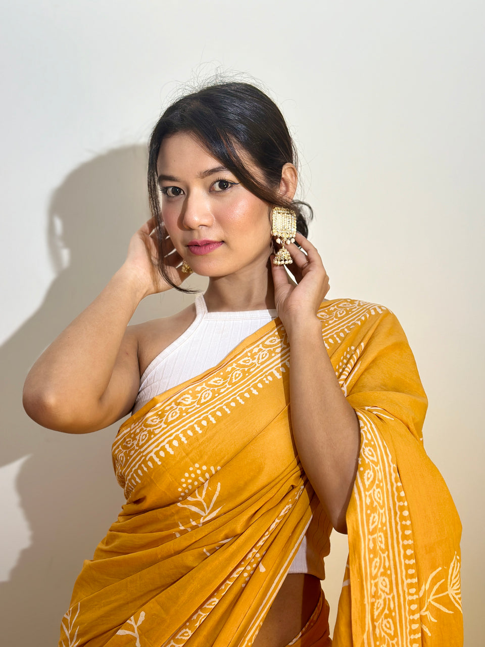 Muatard Mul Cotton Ready To Wear Saree With Pocket