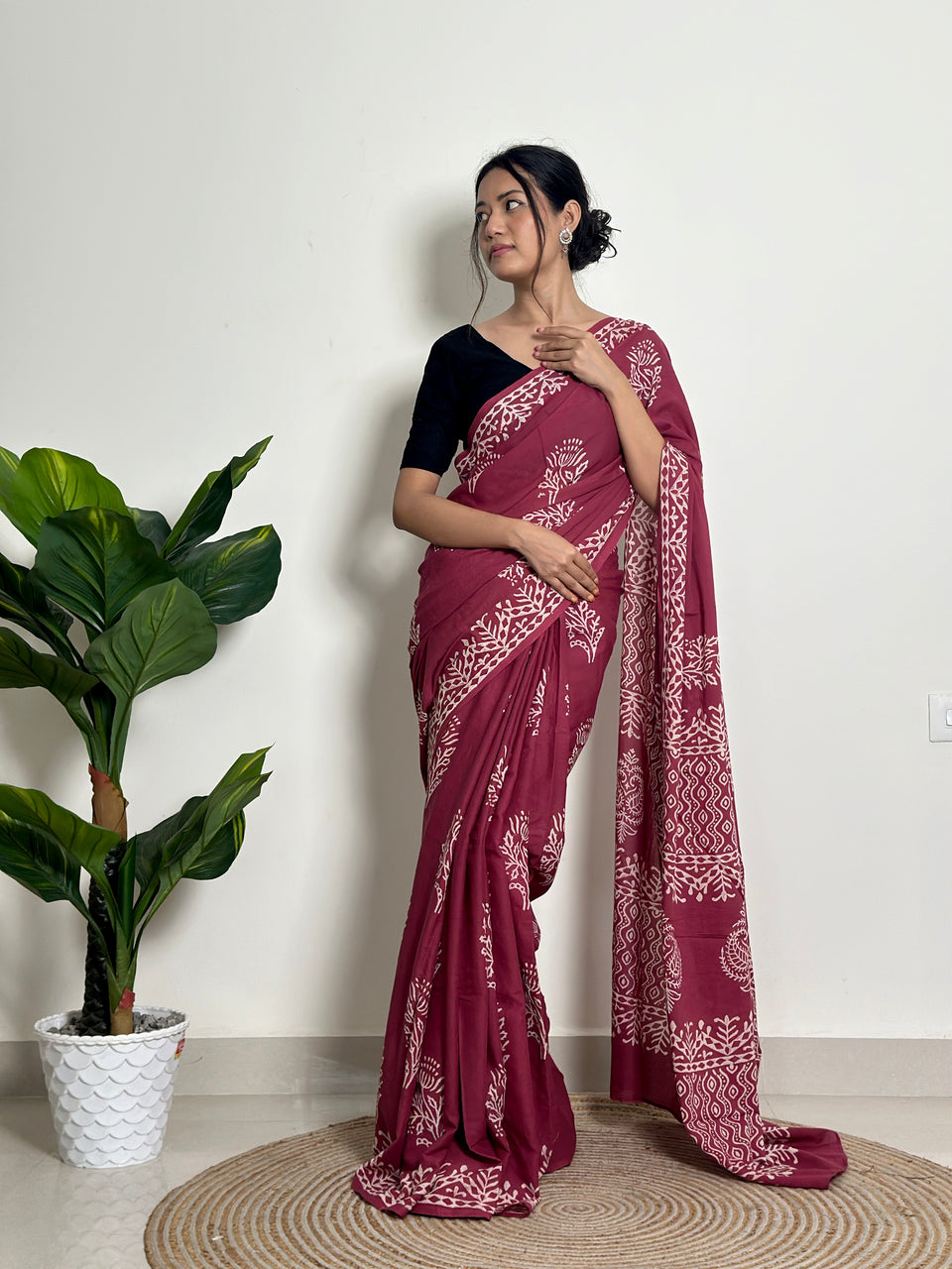 Dark Pink Mul Cotton Ready To Wear Saree With Pocket
