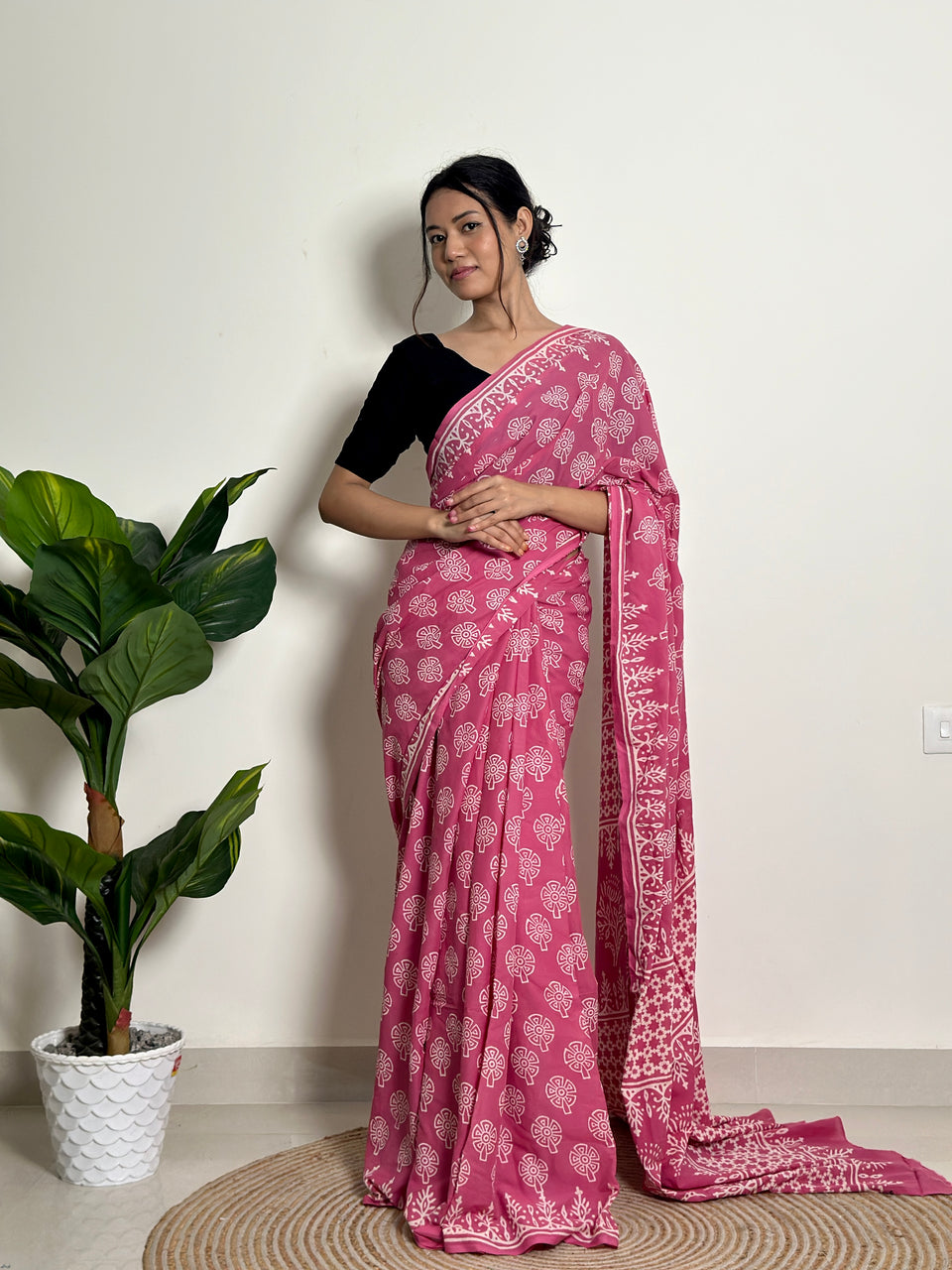 Pink Mul Cotton Ready To Wear Saree With Pocket