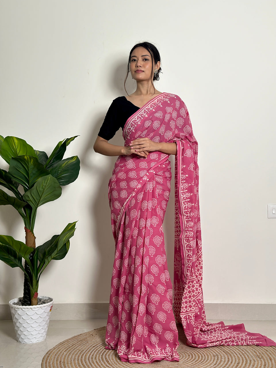 Pink Mul Cotton Ready To Wear Saree With Pocket