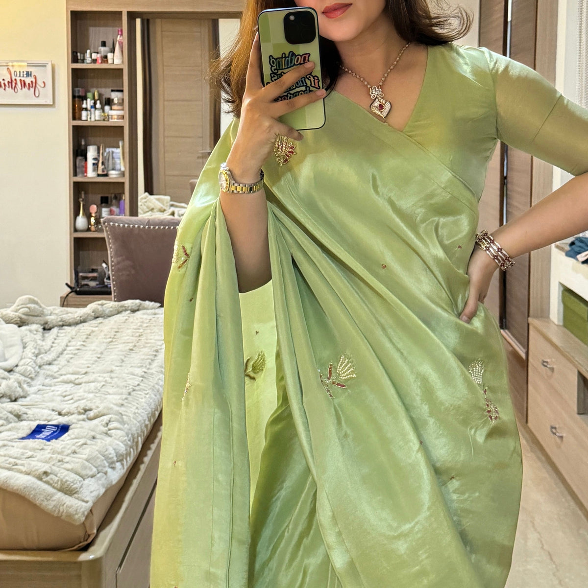 Pista Color Designer Ready To Wear Saree With Stitched Blouse