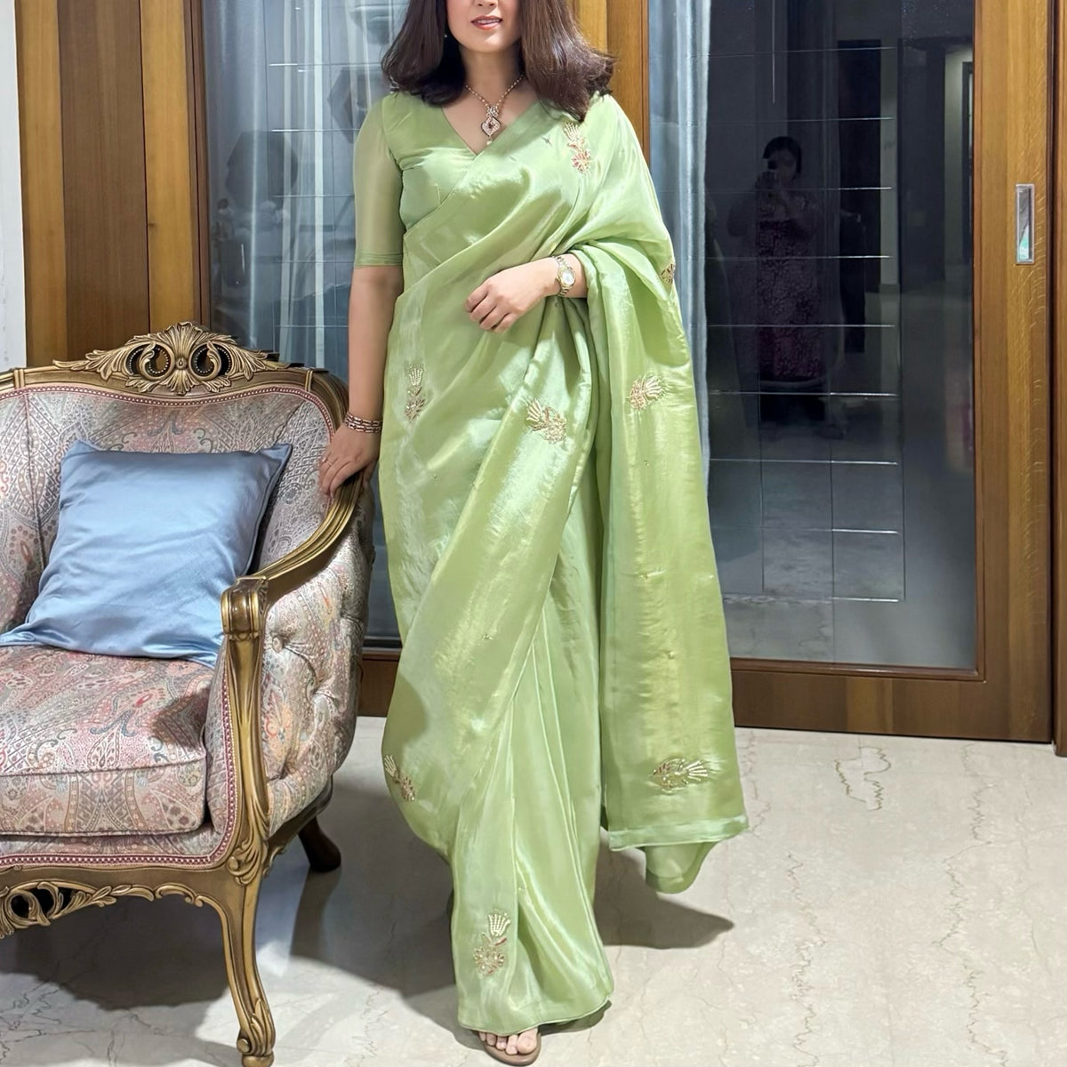 Pista Color Designer Ready To Wear Saree With Stitched Blouse