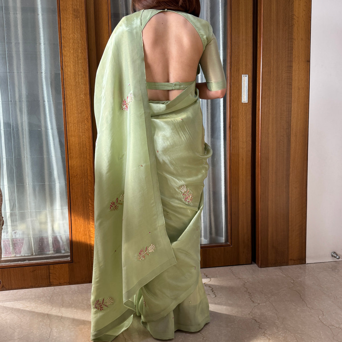Pista Color Designer Ready To Wear Saree With Stitched Blouse