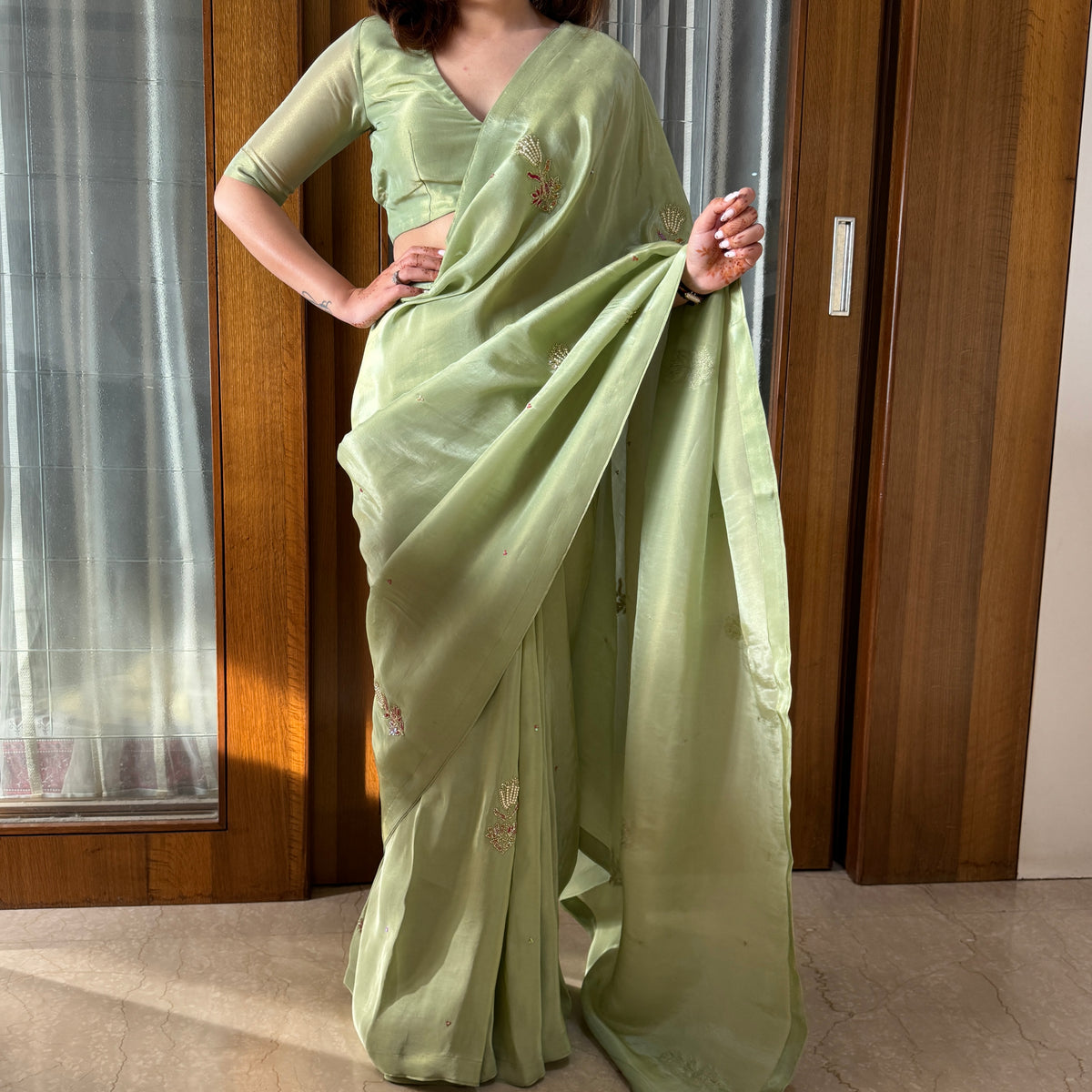 Pista Color Designer Ready To Wear Saree With Stitched Blouse