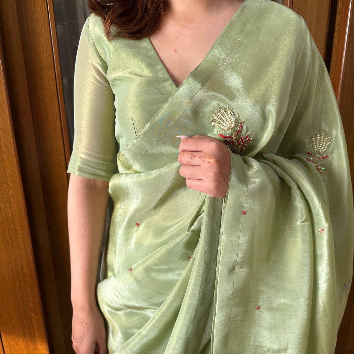 Pista Color Designer Ready To Wear Saree With Stitched Blouse