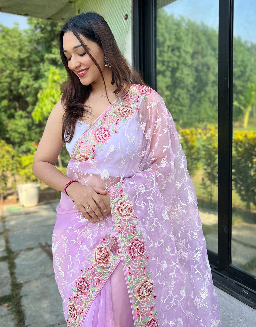 Electric Lavender Organza Saree With Embroidery Work With Piping Border