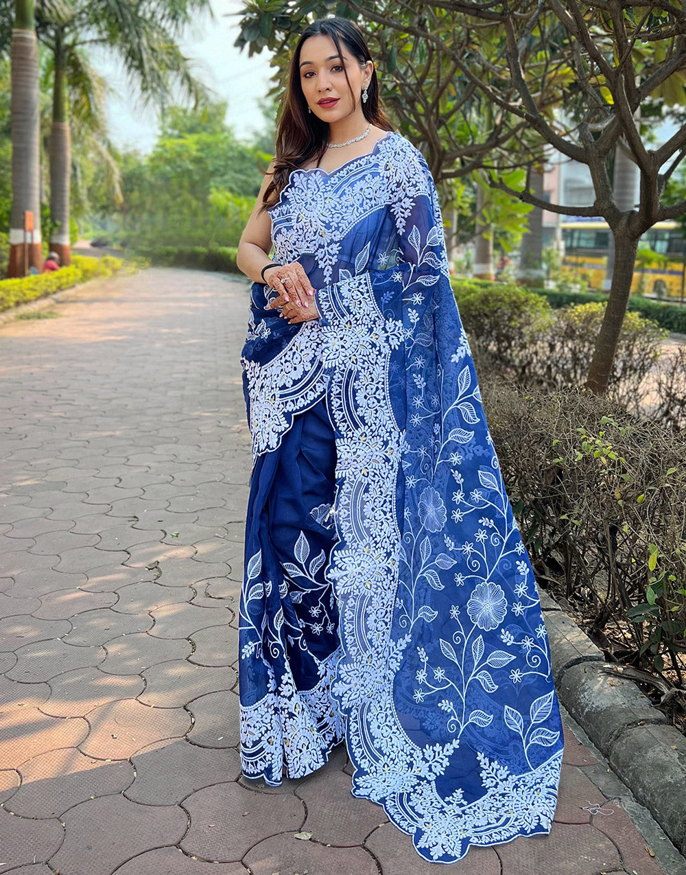 Blue Organza Saree With Thread Embroidery & Cut Work Border