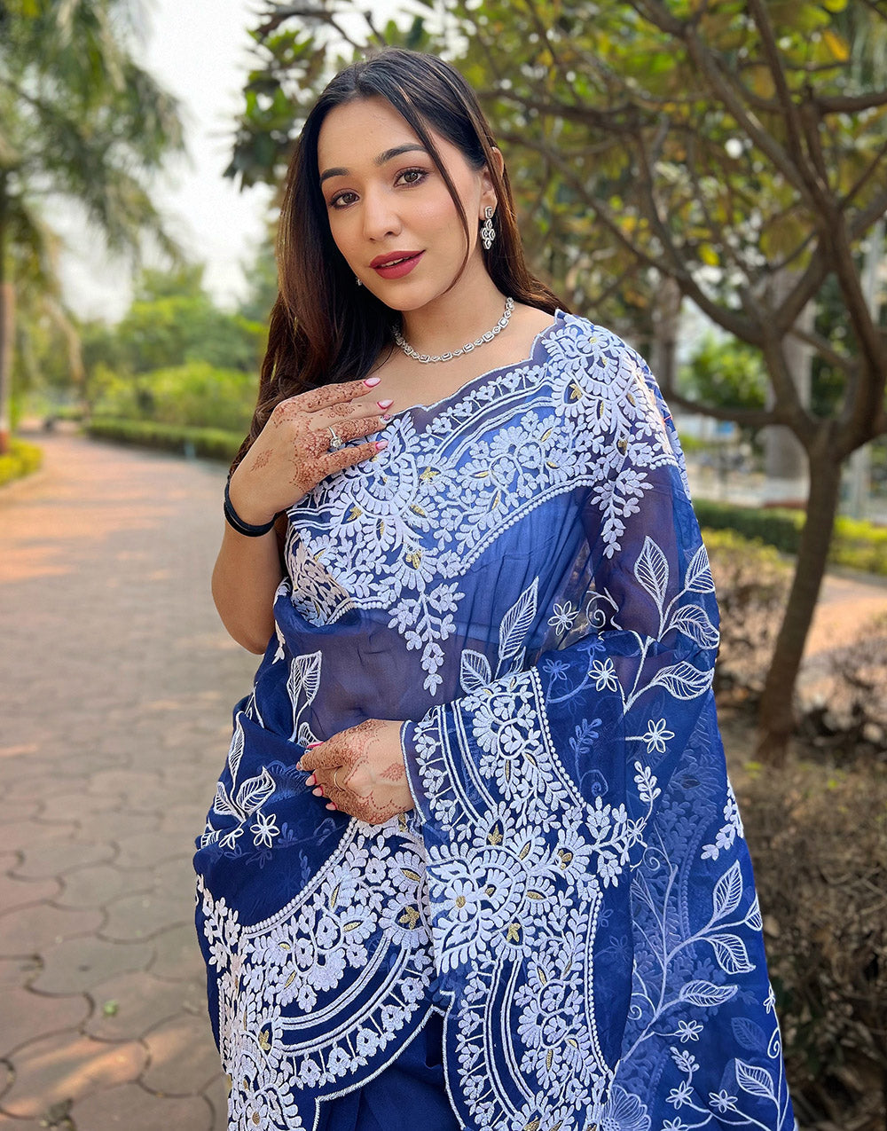 Blue Organza Saree With Thread Embroidery & Cut Work Border