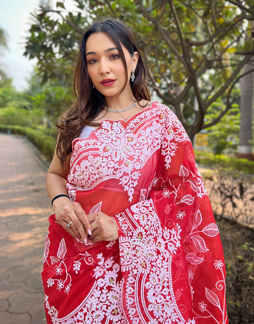Red Organza Saree With Thread Embroidery & Cut Work Border