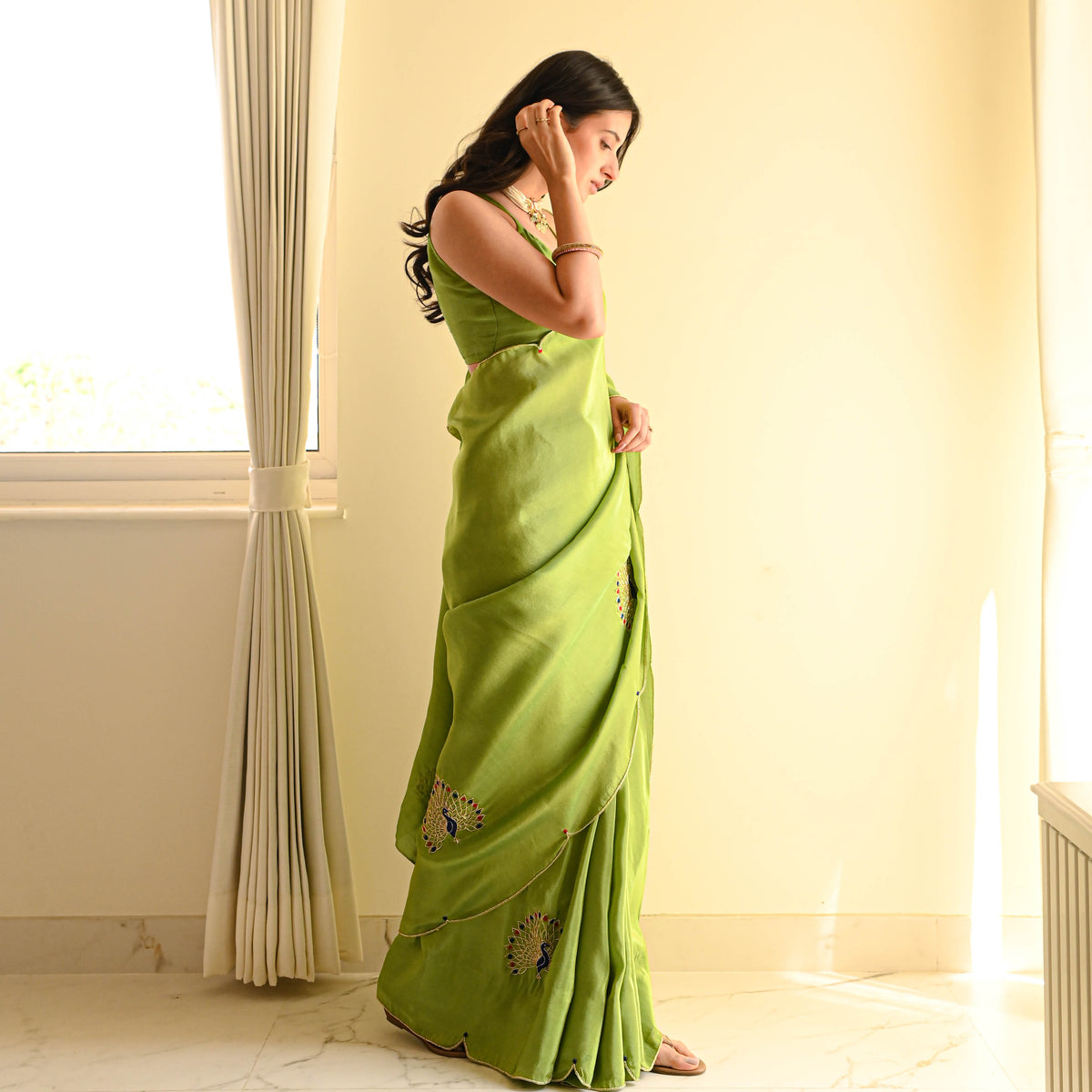 Green Color Designer Ready To Wear Saree With Stitched Blouse