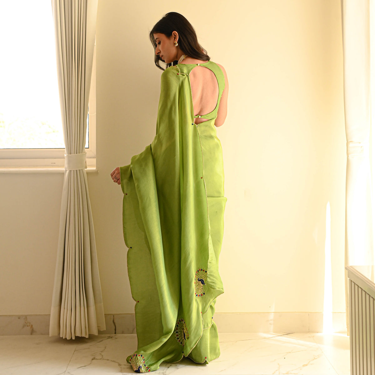 Green Color Designer Ready To Wear Saree With Stitched Blouse