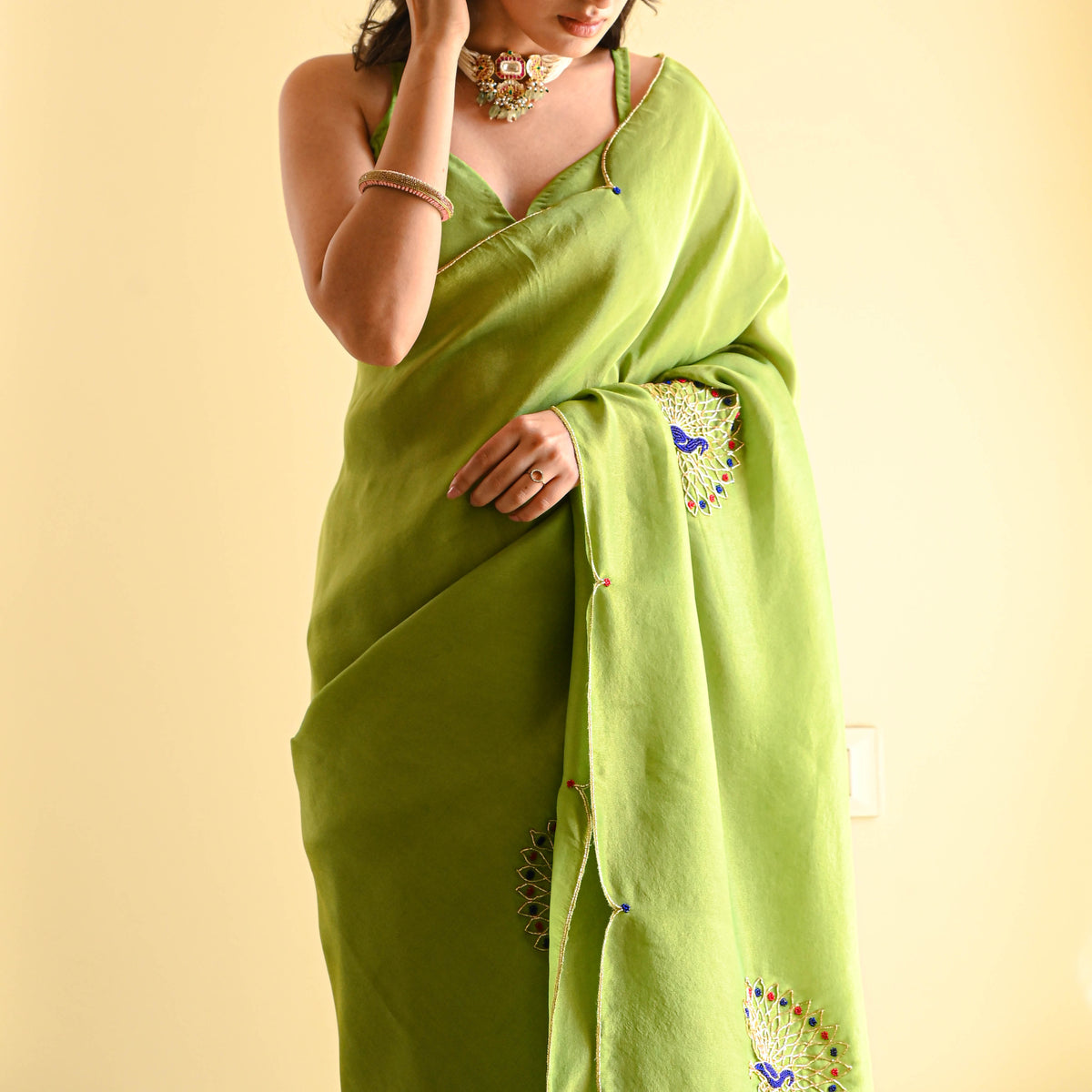 Green Color Designer Ready To Wear Saree With Stitched Blouse