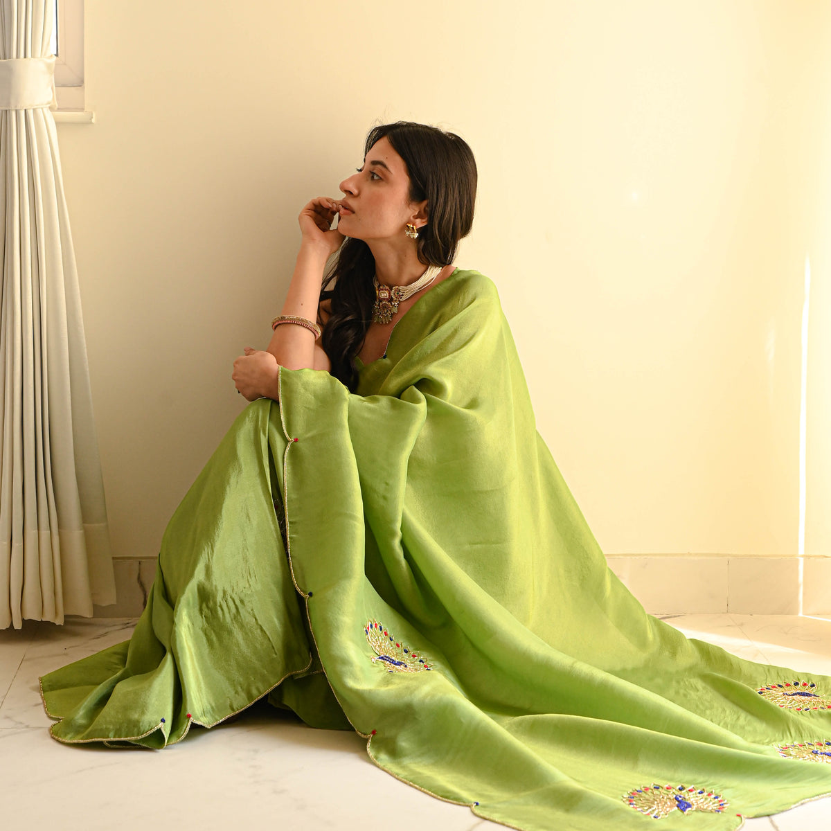 Green Color Designer Ready To Wear Saree With Stitched Blouse