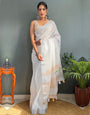 White & Yellow Cotton Striped Saree With Tassles On Pallu