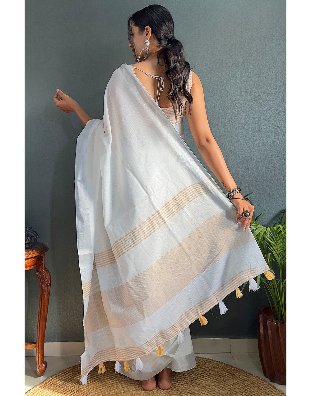 White & Yellow Cotton Striped Saree With Tassles On Pallu