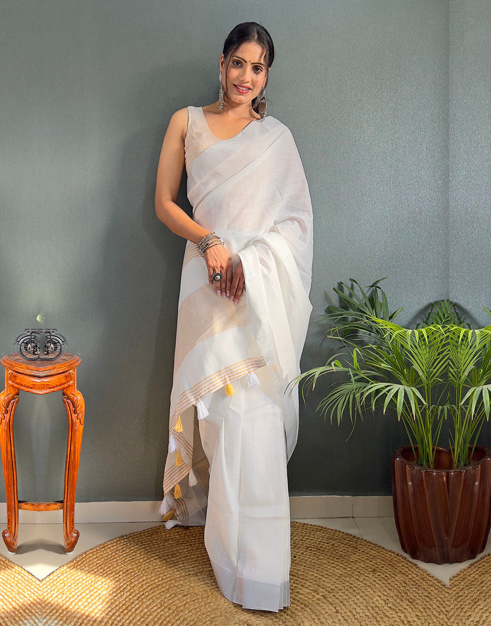 White & Yellow Cotton Striped Saree With Tassles On Pallu