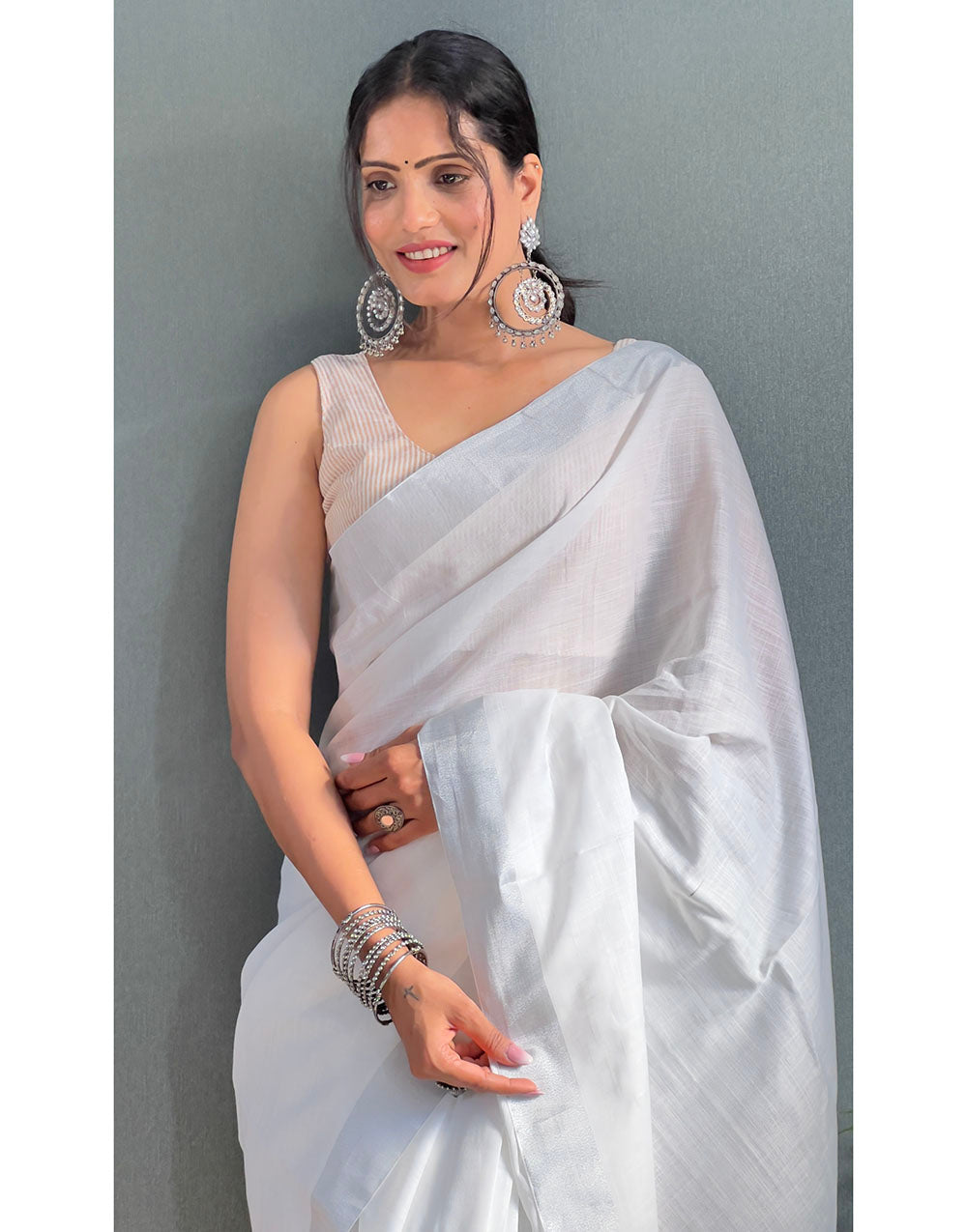 White & Yellow Cotton Striped Saree With Tassles On Pallu