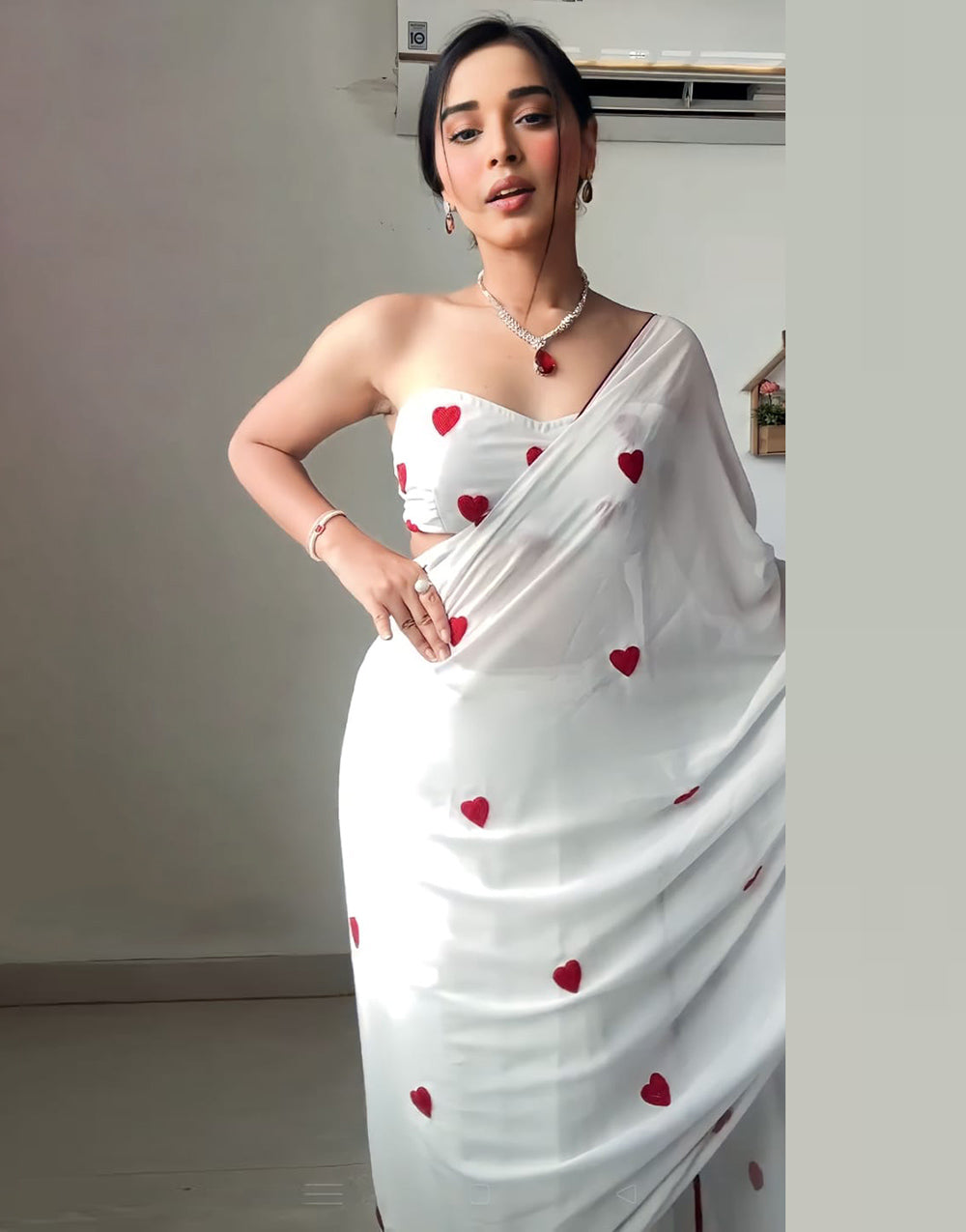 White Georgette Ready To Wear Saree