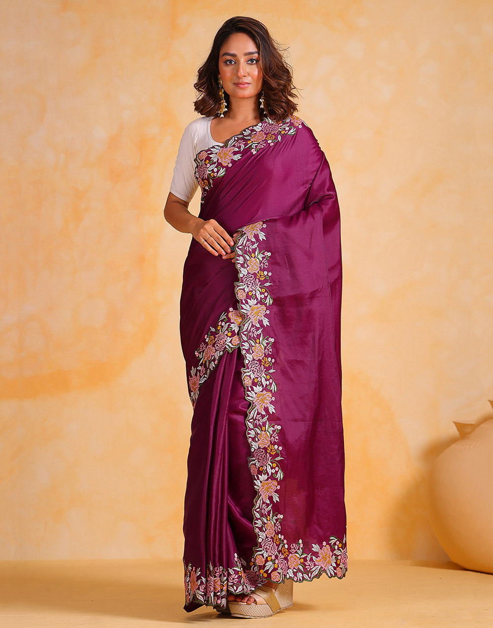 Wine Tussar Silk Saree With Embroidery Viscose Thread Work