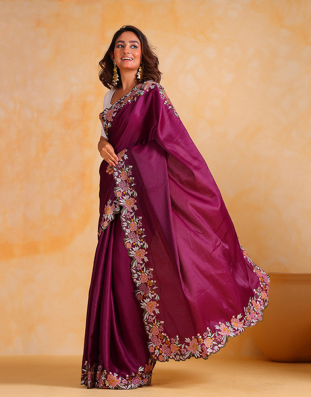 Wine Tussar Silk Saree With Embroidery Viscose Thread Work