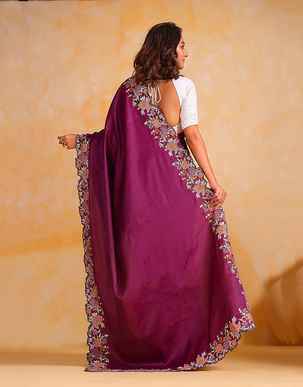 Wine Tussar Silk Saree With Embroidery Viscose Thread Work