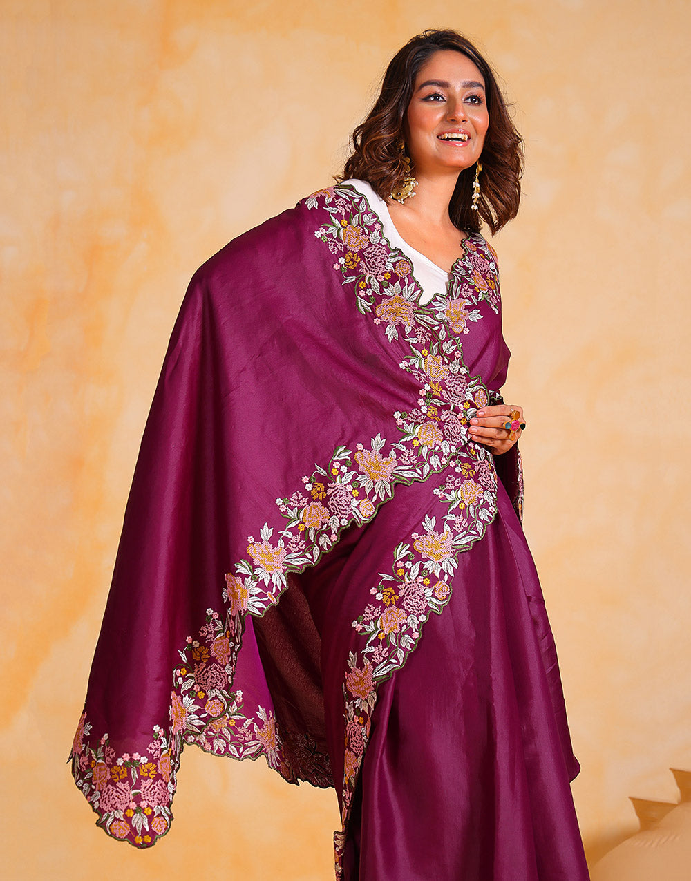 Wine Tussar Silk Saree With Embroidery Viscose Thread Work