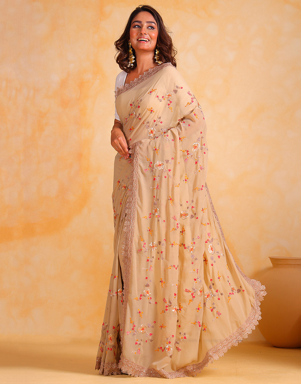 Crayola Peach Georgette Saree With Thread Embroidery Work & Cutwork Border