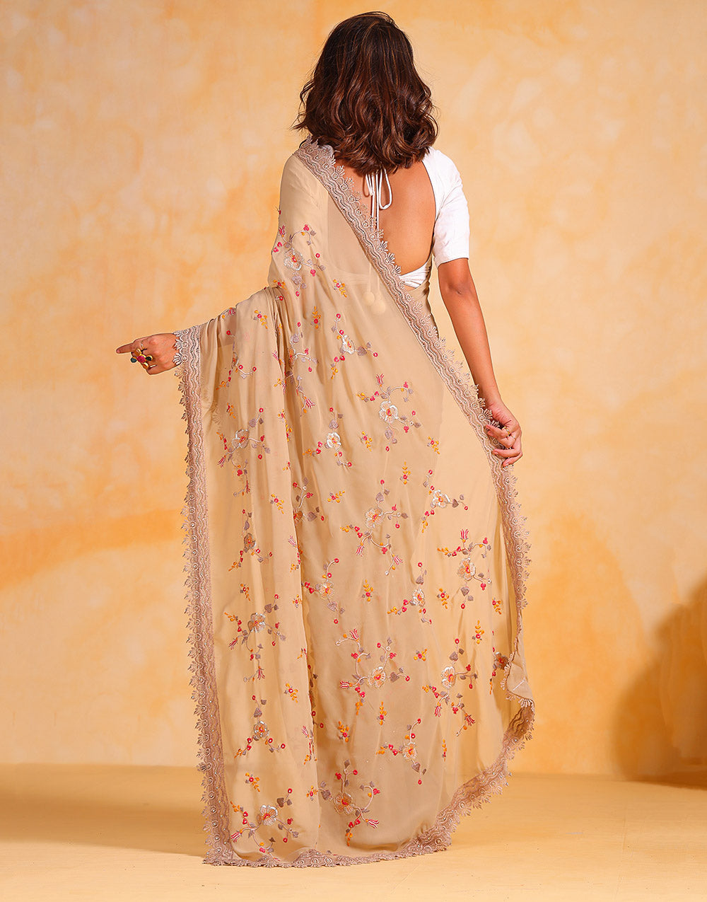 Crayola Peach Georgette Saree With Thread Embroidery Work & Cutwork Border
